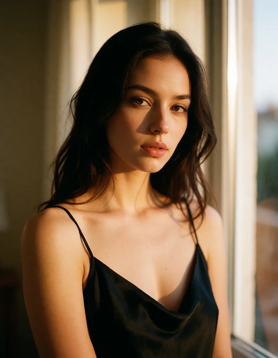 a photograph, a woman with long dark hair in a black silk slip, soft window light, shot on film, warm golden afternoon daylight, soft natural shadows, warm amber tones, gentle contrast, fine film grain, smooth clear skin, strikingly beautiful, radiant complexion, early twenties