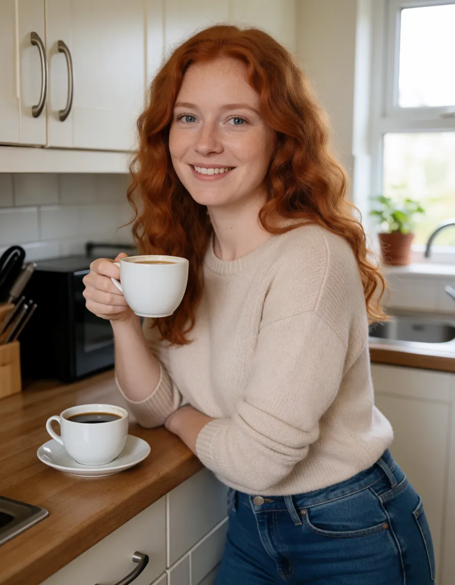 an amateur snapshot, red haired milf, wavy_hair, nude in kitchen, plump, freckles, high_heels, shaved innie pussy, cheeky smile, blush, holding a cup of coffee, bent_over, from_behind leaning on counter, plenty of natural daylight, flat even light, casual unposed snapshot, natural everyday colour, mild noise, natural unretouched skin, strikingly beautiful, radiant complexion, early twenties