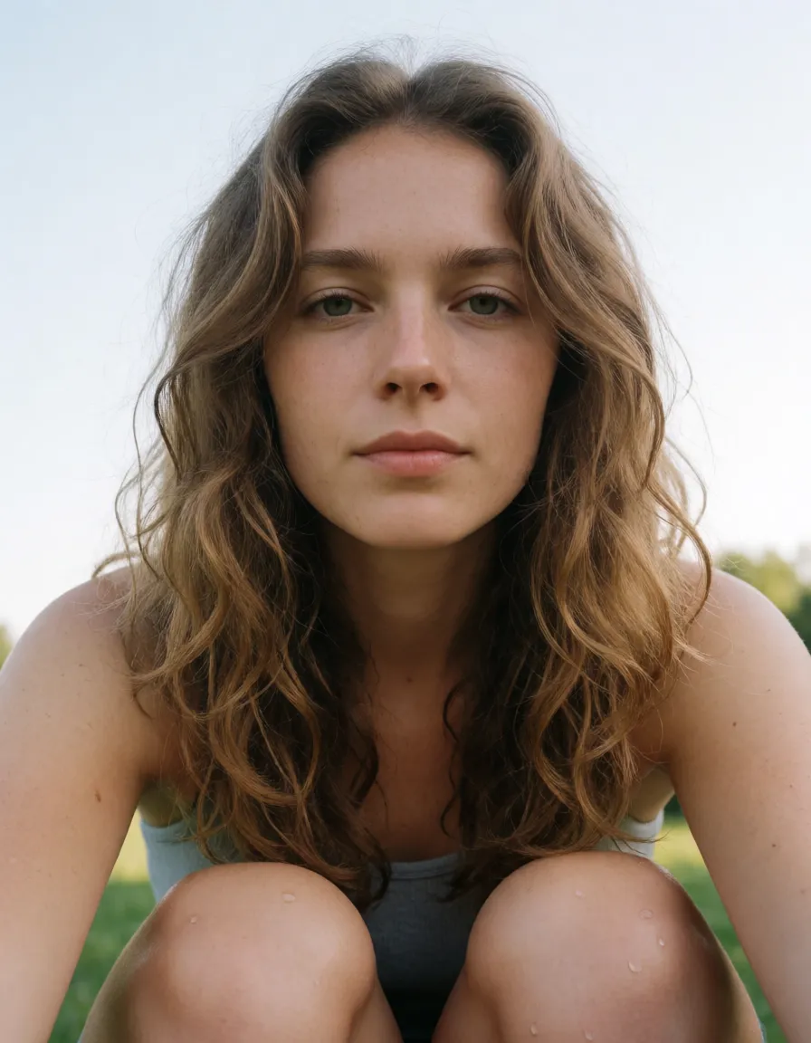 an amateur snapshot, plump milf, squatting, anal_object_insertion, anal, shaved innie pussy, moaning, wavy_hair, pov, plenty of natural daylight, flat even light, casual unposed snapshot, natural everyday colour, mild noise, natural unretouched skin, strikingly beautiful, radiant complexion, early twenties