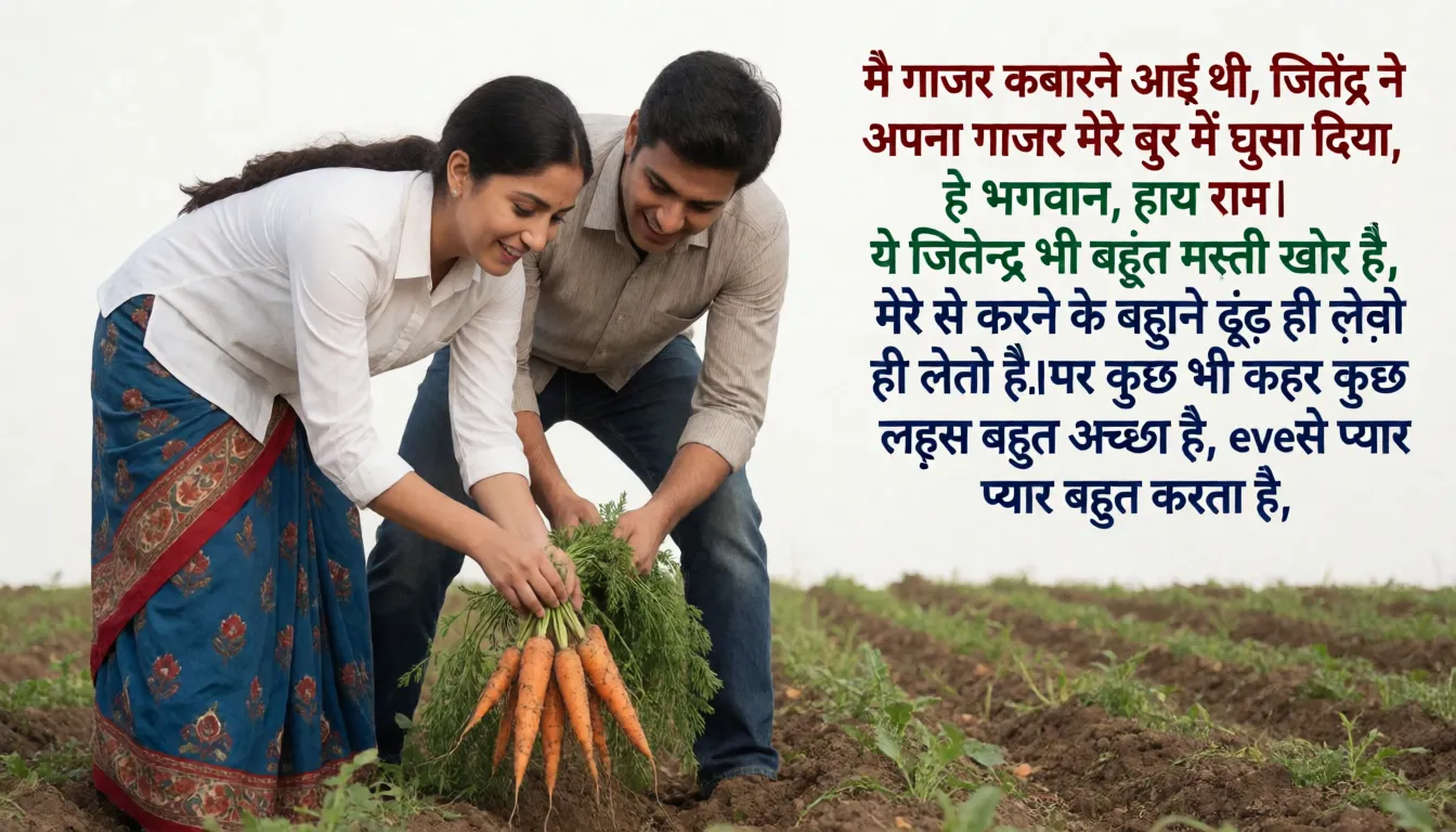 a studio photograph, Create 4:9adults wallpaper desi village woman in  white shirt and nudei in the field removing the carrot by standing bending to pull carrots from the field suddenly her Love boy was holding her from behind aHe is with a shirt and nudeshe feels shy.
Written in funny fonts on the right side of the image
मै गाजर कबारने आई थी, जितेंद्र ने अपना गाजर मेरे बुर में घुसा दिया, हे भगवान, हाय राम। ये जितेन्द्र भी बहुत मस्ती खोर है। मेरे से करने  के बहाने ढूंढ ही लेता है।पर कुछ भी कहो लड़का बहुत अच्छा है।मुझसे प्यार बहुत करता है, even shadowless studio light, plain white background, clean rich colour, flawless polished skin, strikingly beautiful, radiant complexion, early twenties