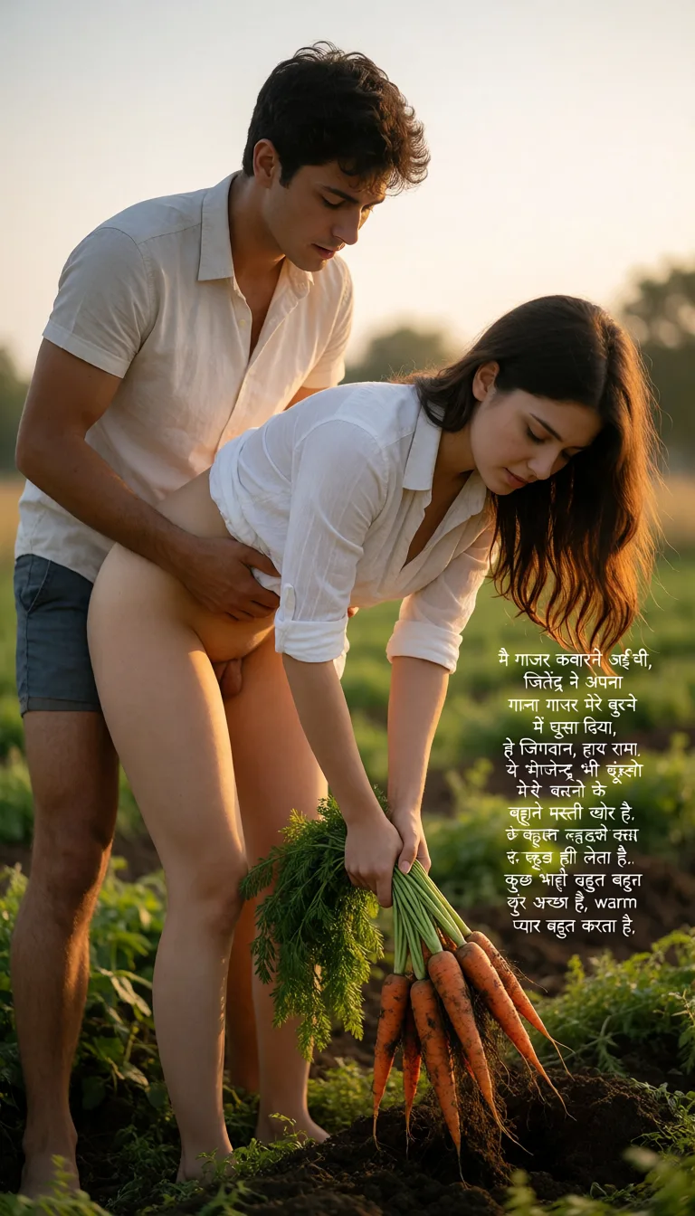a photograph, Create 4:9adults wallpaper desi village woman in  white shirt and nudei in the field removing the carrot by standing bending to pull carrots from the field suddenly her Love boy was holding her from behind aHe is with a shirt and nudeHe is fucking for behind she feels shy.
Written in funny fonts on the right side of the image
मै गाजर कबारने आई थी, जितेंद्र ने अपना गाजर मेरे बुर में घुसा दिया, हे भगवान, हाय राम। ये जितेन्द्र भी बहुत मस्ती खोर है। मेरे से करने  के बहाने ढूंढ ही लेता है।पर कुछ भी कहो लड़का बहुत अच्छा है।मुझसे प्यार बहुत करता है, warm golden afternoon daylight, soft natural shadows, warm amber tones, gentle contrast, fine film grain, smooth clear skin, strikingly beautiful, radiant complexion, early twenties