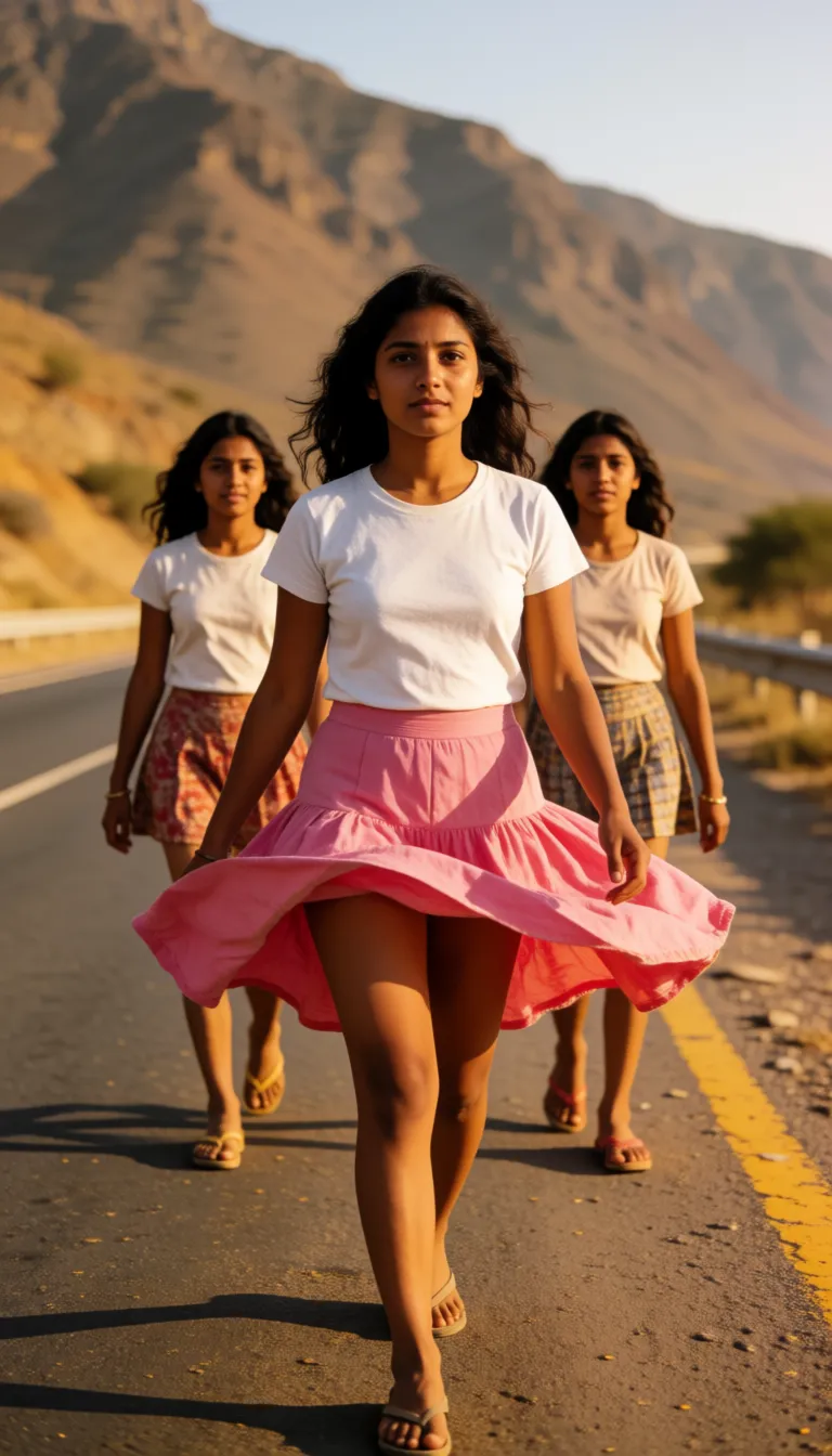 a photograph, Desi woman walking on highway road near mountain white t shirt and pink skirt wind blows her skirt upward coming towards me with other girlsHer hairy pussy and ass is visible, warm golden afternoon daylight, soft natural shadows, warm amber tones, gentle contrast, fine film grain, smooth clear skin, strikingly beautiful, radiant complexion, early twenties
