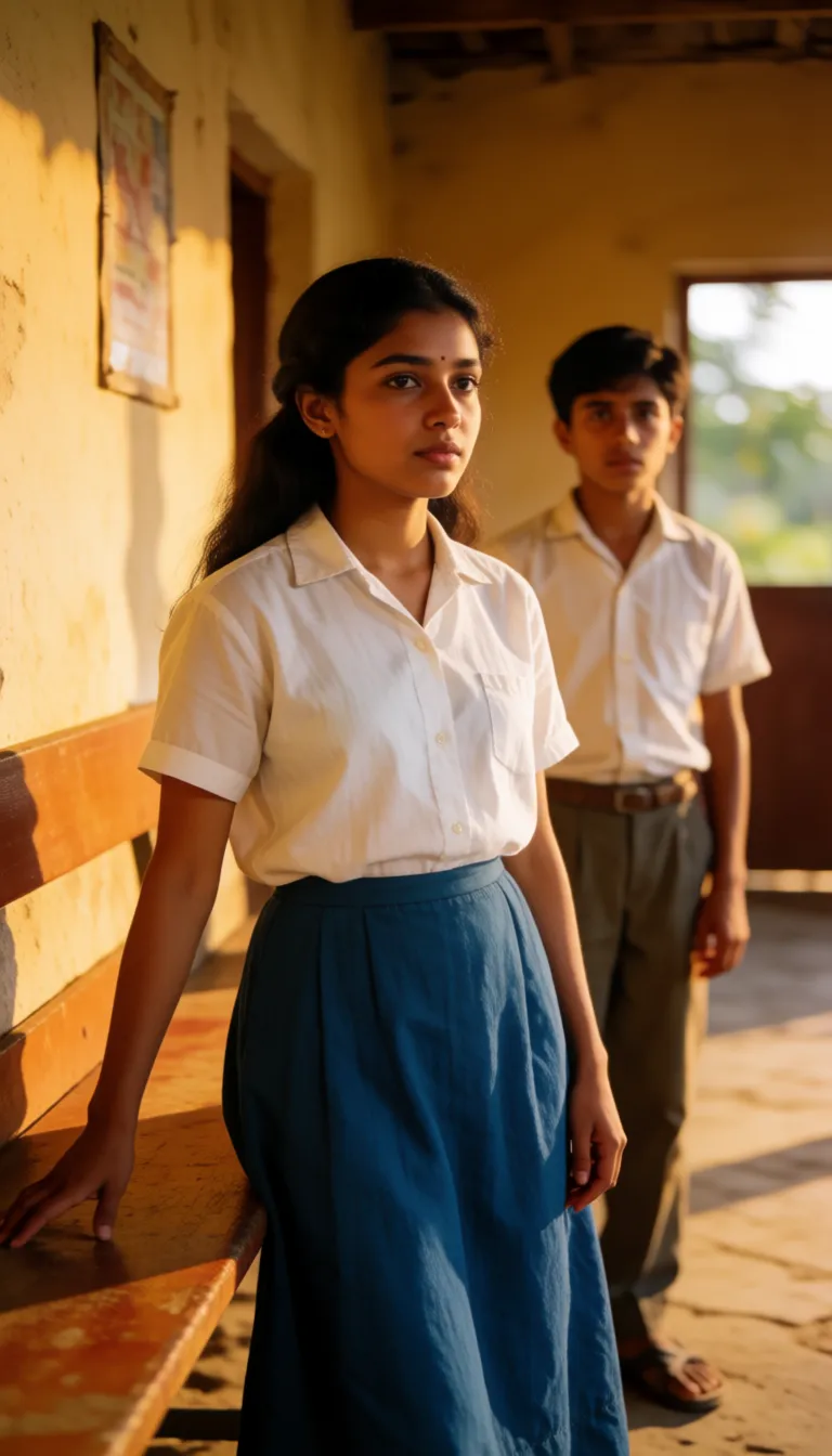 a photograph, Create mobile wallpaper adults desi woman in white shirt and blue skirt in benchroom standing near bench keeps hand on bench bends towards benchBoy standing behind her lifted her skirt upward to see her ass and hairy pussy, warm golden afternoon daylight, soft natural shadows, warm amber tones, gentle contrast, fine film grain, smooth clear skin, strikingly beautiful, radiant complexion, early twenties