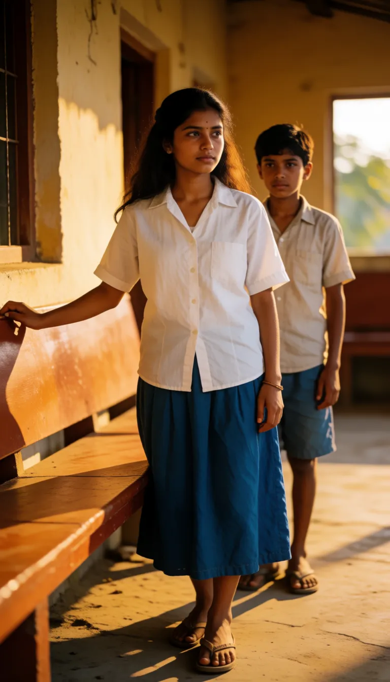 a photograph, Create mobile wallpaper adults desi woman in white shirt and blue skirt in  bench room standing near bench keeps hand on bench bends towards bench Boy standing behind her lifted her skirt upward to see her ass and hairy pussy, warm golden afternoon daylight, soft natural shadows, warm amber tones, gentle contrast, fine film grain, smooth clear skin, strikingly beautiful, radiant complexion, early twenties