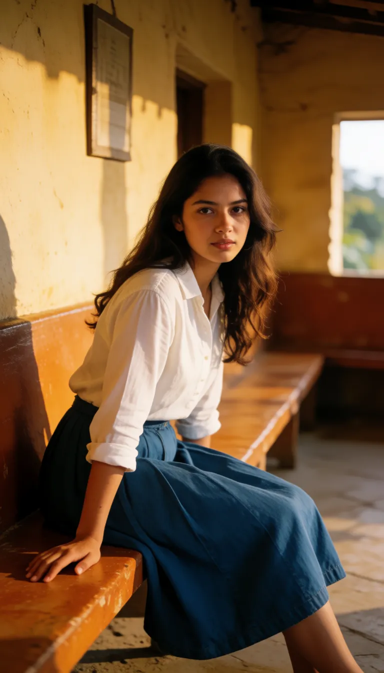 a photograph, Create mobile wallpaper adults desi woman in white shirt and blue skirt in bench room keeps hand on bench bends towards bench Bloy lifting her skirt upward to see her ass and hairy pussy he inserted his finger inside her pussy, warm golden afternoon daylight, soft natural shadows, warm amber tones, gentle contrast, fine film grain, smooth clear skin, strikingly beautiful, radiant complexion, early twenties