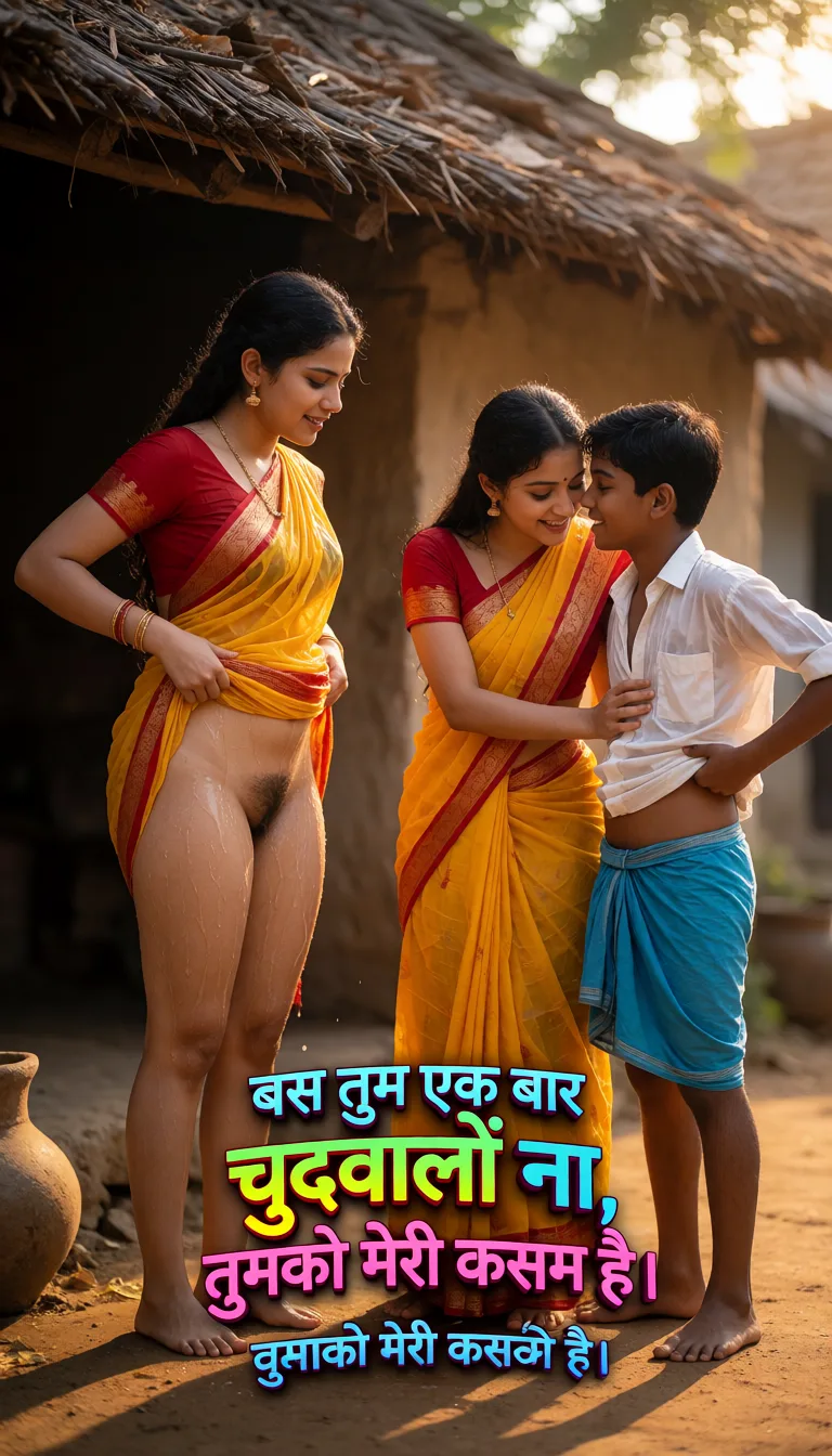 a photograph, Create 4:9 wallpaper desi woman in yellow red saree lifted upward more above kneesHe helped her in lifting her saree above from behind She is completely wetdesi boy in white shirt and blue lungi he lifted his lungi much above knees talking to eachother in  benchroom store with very dark  village. They are hiding from every one in house.They closed the door from inside He touched her bumps by mistake She bend down to picking some thing from floor. She smiled with shyness He hugged her and saying in her ear.बस तुम एक बार चुदवालों ना, तुमको मेरी कसम है।  Written on image in filmy style  colourful fonts 3d, warm golden afternoon daylight, soft natural shadows, warm amber tones, gentle contrast, fine film grain, smooth clear skin, strikingly beautiful, radiant complexion, early twenties