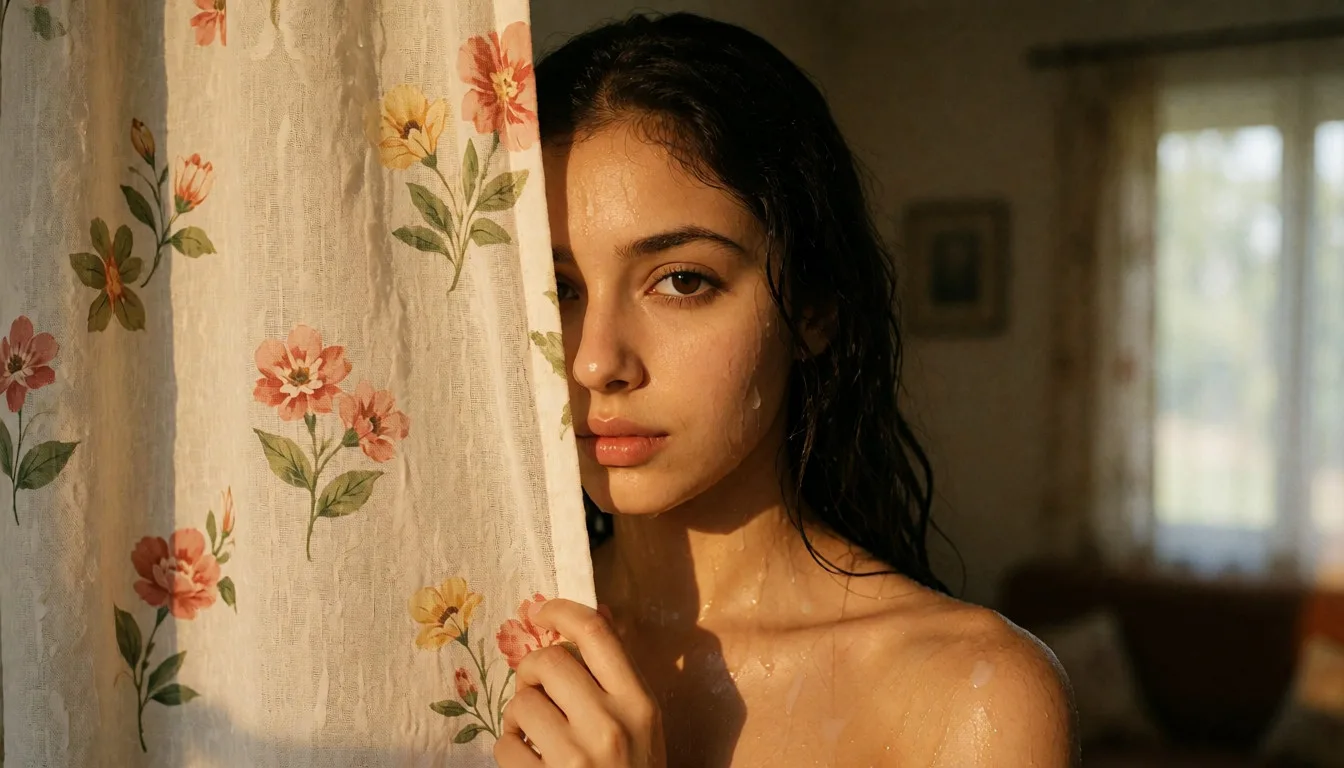 a photograph, Create 4:9 wallpaper shy wet nude desi woman looking at me from her house flowers cartain hiding herself behind cartain, warm golden afternoon daylight, soft natural shadows, warm amber tones, gentle contrast, fine film grain, smooth clear skin, strikingly beautiful, radiant complexion, early twenties