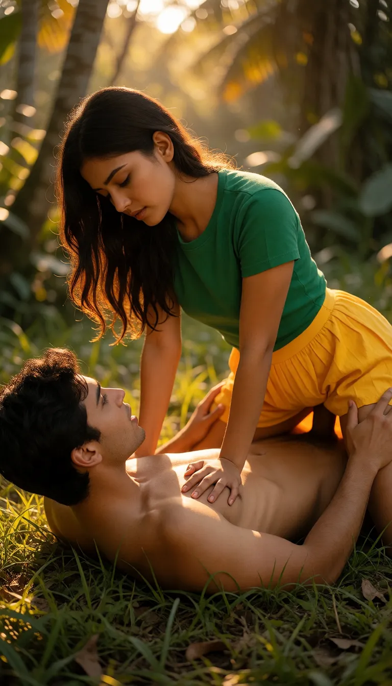 a photograph, Create image desi young adult men lying on jungle grass, desi young adult women in green t shirt and yellow skirt fucking him on top, warm golden afternoon daylight, soft natural shadows, warm amber tones, gentle contrast, fine film grain, smooth clear skin, strikingly beautiful, radiant complexion, early twenties