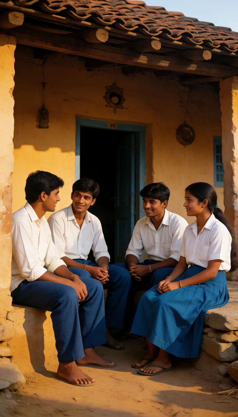 a photograph, Create 6:12 wallpaper of village house in a cattle dirty room. desi young men in white shirt and blue pants and young woman in white shirt and blue skirt.They removed their clothes and kept on side . started fucking his small dick inserted into her pussy, warm golden afternoon daylight, soft natural shadows, warm amber tones, gentle contrast, fine film grain, smooth clear skin, strikingly beautiful, radiant complexion, early twenties