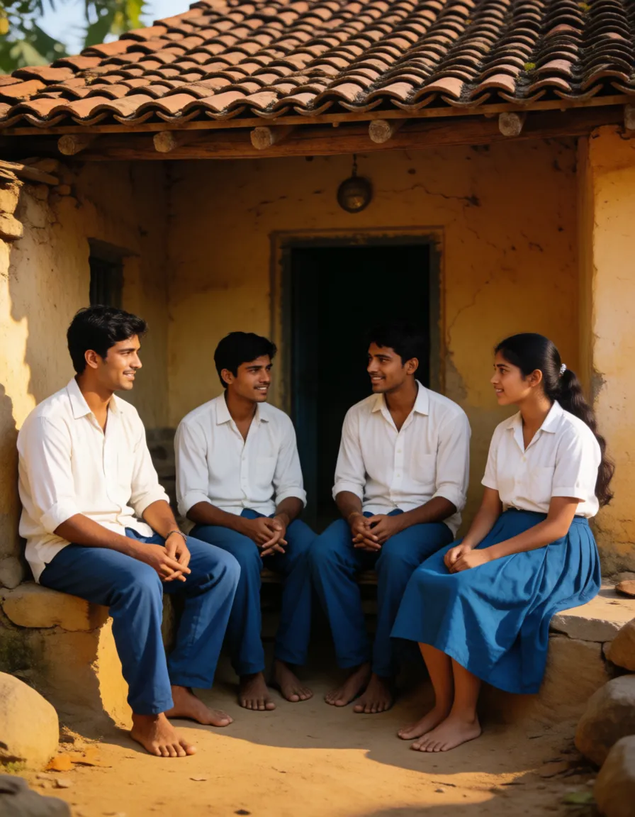 a photograph, Create 6:12 wallpaper of village house in a cattle dirty room. desi young men in white shirt and blue pants and young woman in white shirt and blue skirt.They removed their clothes and kept on side . started fucking his dick inserted into her pussy, warm golden afternoon daylight, soft natural shadows, warm amber tones, gentle contrast, fine film grain, smooth clear skin, strikingly beautiful, radiant complexion, early twenties