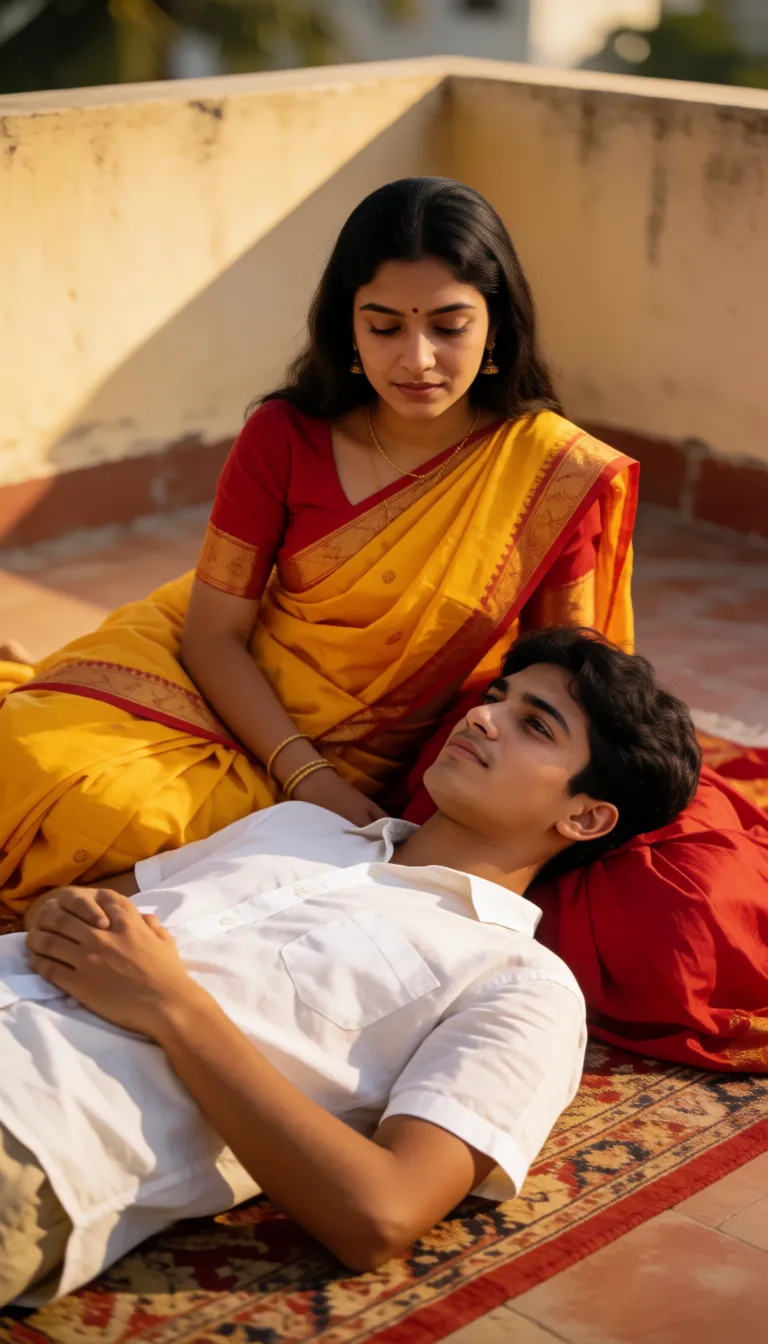 a photograph, desi boy lying on khat on terrace floor in laces white underwear, his legs are up in air wide separate dick is out she mastrubrate her dick cum came out of dick she is in yellow red saree She is in red yellow saree, warm golden afternoon daylight, soft natural shadows, warm amber tones, gentle contrast, fine film grain, smooth clear skin, strikingly beautiful, radiant complexion, early twenties