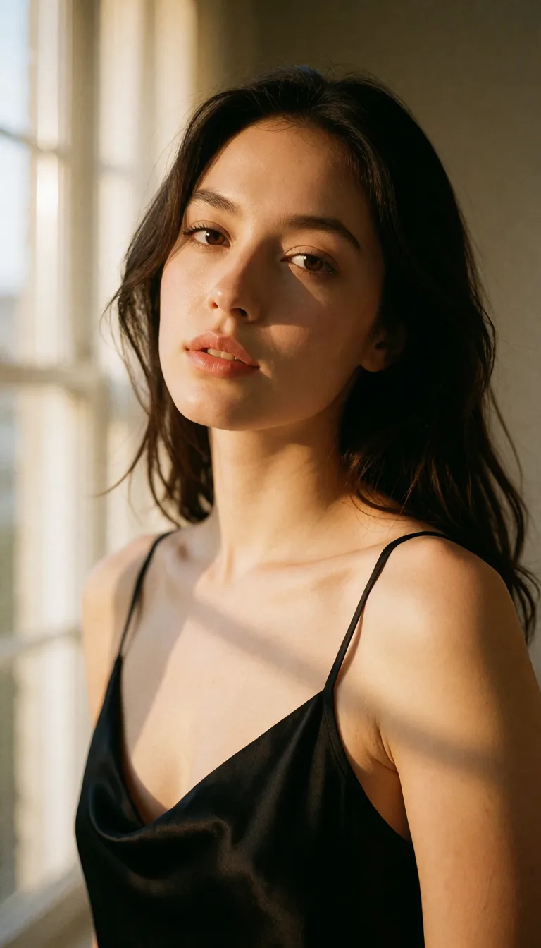 a photograph, a woman with long dark hair in a black silk slip, soft window light, shot on film, warm golden afternoon daylight, soft natural shadows, warm amber tones, gentle contrast, fine film grain, smooth clear skin, strikingly beautiful, radiant complexion, early twenties