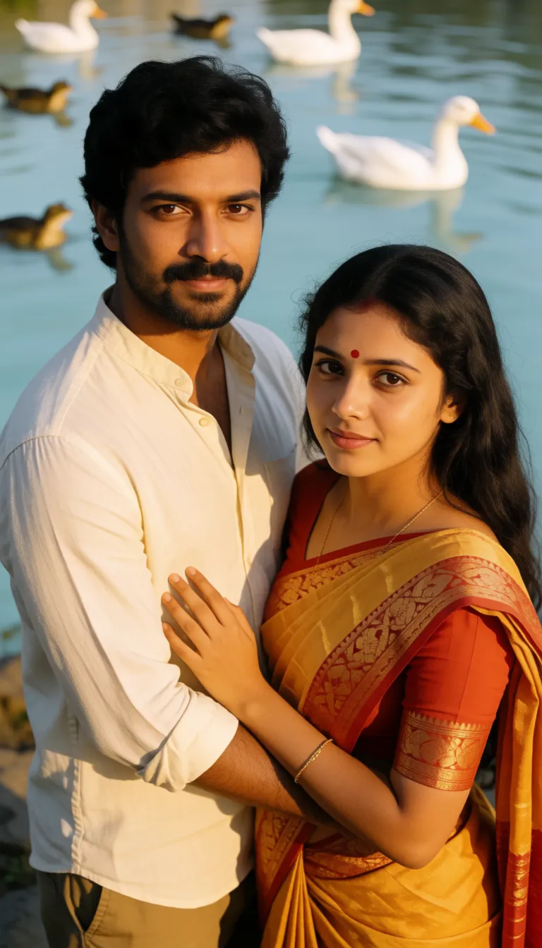 a photograph, Tenali rama fucking dick is inserted into pussy doggy style his wife pussy in rain water pussy visible in vijay nagar kingdom duck frog fish in the light blue water, warm golden afternoon daylight, soft natural shadows, warm amber tones, gentle contrast, fine film grain, smooth clear skin, strikingly beautiful, radiant complexion, early twenties