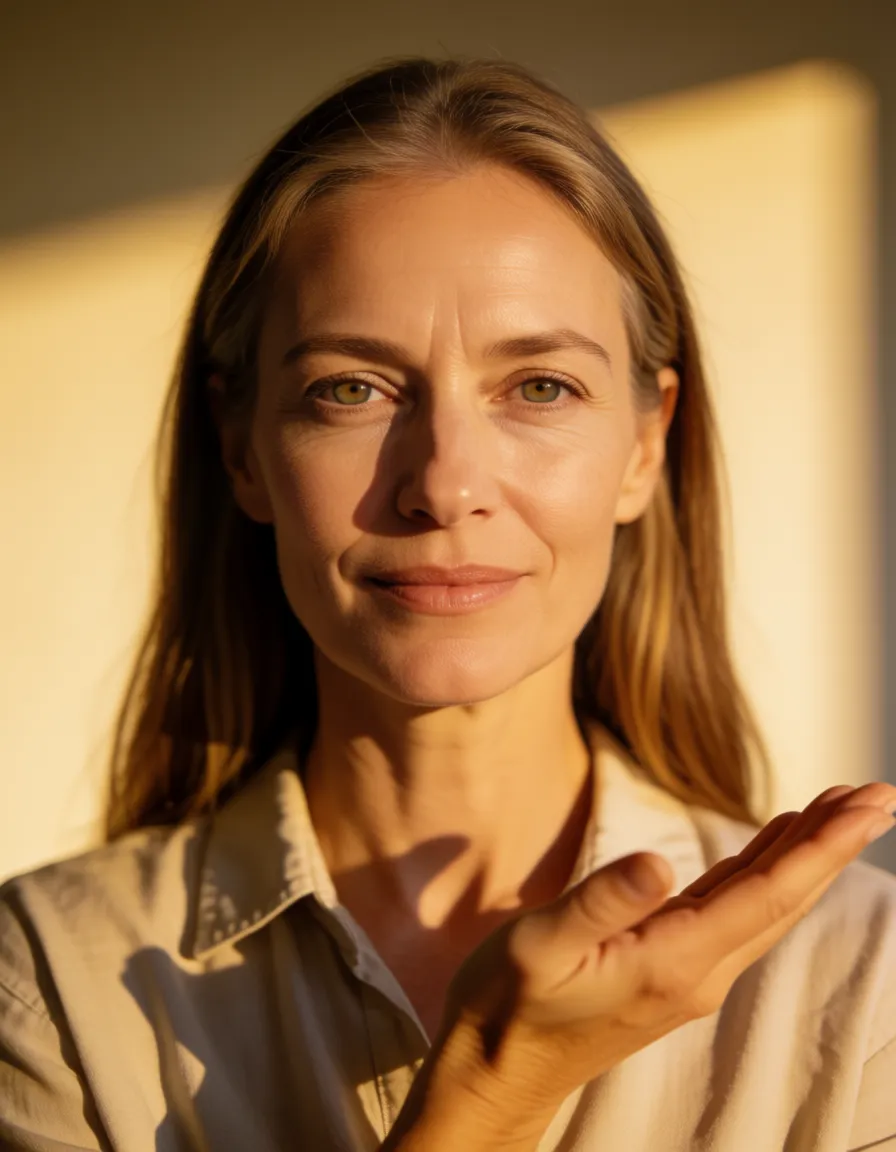 a photograph, sharp focus, 8k uhd, mature female, long hair, collared shirt, presenting, photorealistic, warm golden afternoon daylight, soft natural shadows, warm amber tones, gentle contrast, fine film grain, smooth clear skin, strikingly beautiful, radiant complexion, early twenties