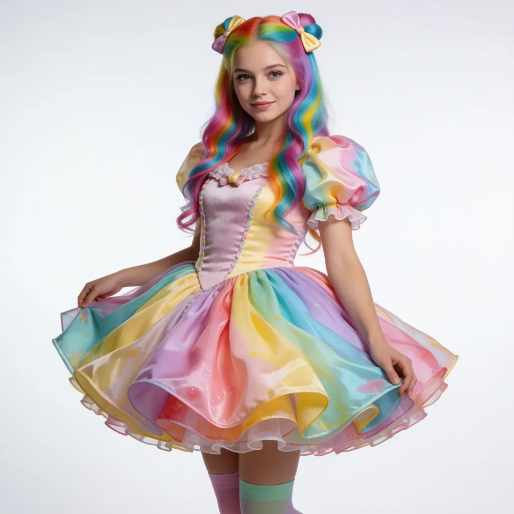a studio photograph, Сцена из фильма. Fantasy scene. Фото девушки в Конфетной Стране, в стиле Конфетной Принцессы, в фотографическом, реалистичном стиле. Белья нет, трусов нет, стрингов нет. Bottomless. Большие глаза. В волосах бантики. Волосы всех цветов радуги. Одета в пышное платье конфетных, пастельных, ярких цветов. Пастельные чулки. Подол платья высоко приподнят. Девушка демонстрирует гладкие бёдра и волосатый лобок. Освещение нейтральное, мягкое, объемное, яркое. Девушка сделала hi-kick в сторону камеры. На бёдрах заметны капли спермы., even shadowless studio light, plain white background, clean rich colour, flawless polished skin, strikingly beautiful, radiant complexion, early twenties