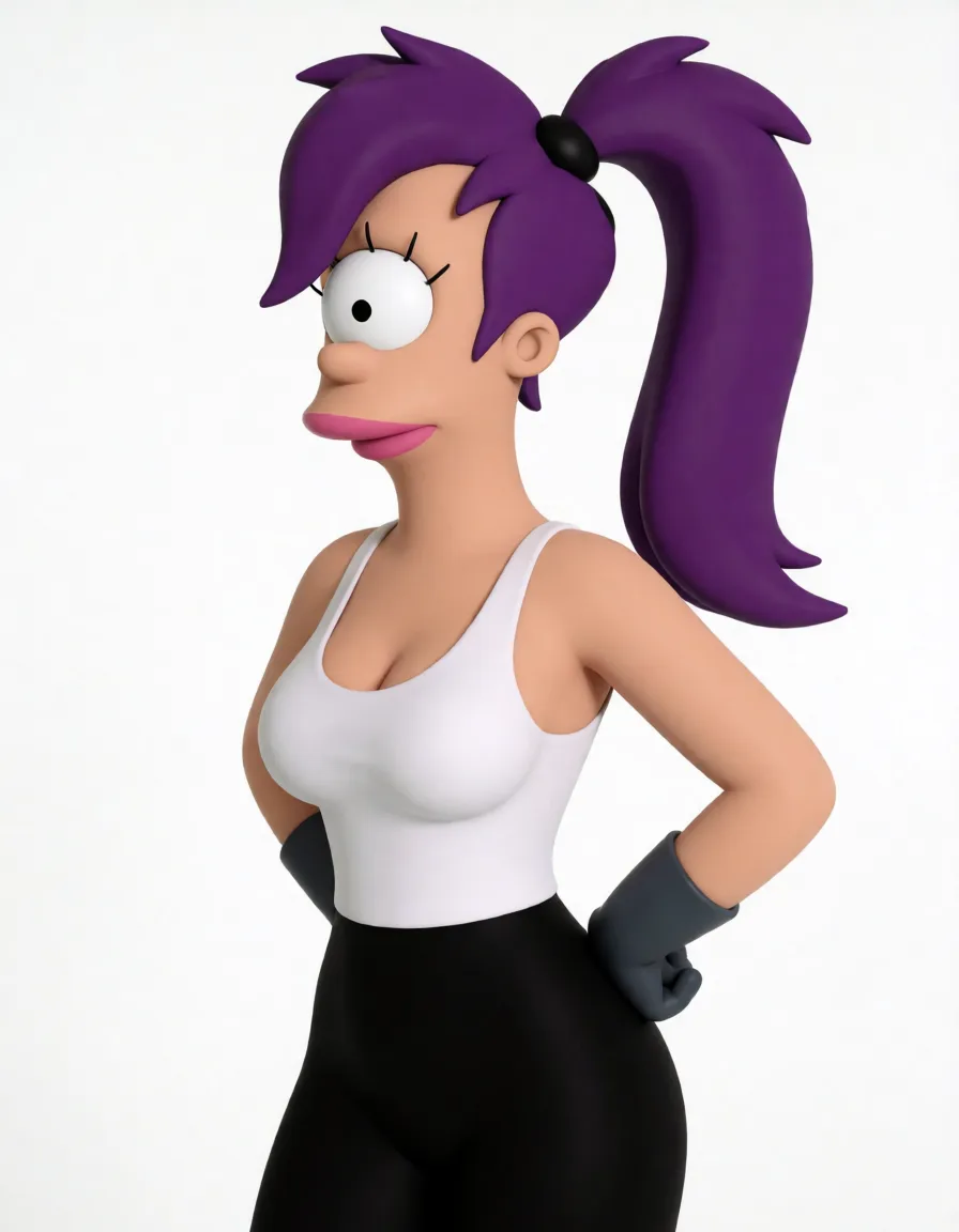a studio photograph, SEED=66664631; The provocative painting is painted in the style of 3D cartoon pop art. Professional Pixar 3D. An adult film actress in the role of Leela from Futurama, wearing only a top and colored stockings, with one large eye and purple hair, is having sex in the cowgirl position. The penis of first man is in Leela’s anus, and her slightly parted, hairy labia are visible. There are traces of semen on her thighs. Leela has taken Fry’s erect penis into her mouth and is sucking it passionately. The focus is on the emotions. The scene is explicit and erotic., even shadowless studio light, plain white background, clean rich colour, flawless polished skin, strikingly beautiful, radiant complexion, early twenties