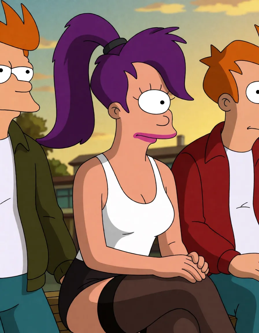 a photograph, SEED=66664635; Professional animated Futurama style. An adult film actress in the role of Leelu from Futurama, wearing only a top and colored stockings, with one real large eye and purple hair, is having sex in the cowgirl position. Two men are fucking Leelu. The penis of first man is in Leelu’s anus, and her slightly parted, hairy labia are visible. There are traces of semen on her thighs. Leelu has taken Fry’s erect penis into her mouth and is sucking it passionately. The focus is on the emotions. The scene is explicit and erotic., warm golden afternoon daylight, soft natural shadows, warm amber tones, gentle contrast, fine film grain, smooth clear skin, strikingly beautiful, radiant complexion, early twenties