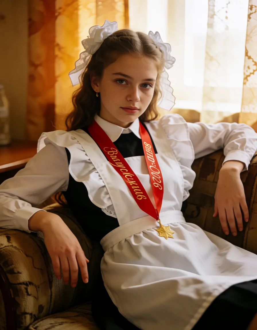 a photograph, SEED=1898; Сцена пикантная. Девушка в школьной форме СССР, в белом фартуке, красной лентой с надписью: "Выпускник 2026", с пышными, белыми бантиками и чулках выше колен, насыщенного телесного цвета. Обежда грязная и помятая. Она спит на диване, в свободной позе, закинув ноги на диван и разведя бёдра. Хорошо видно возбуждённую волосатую пизду, половые губы раздвинуты. На бёдрах видны капельки спермы. Девушка после выпускного вечера, уставшая и пьяная, поза расслабленная, одежда растрёпанная. Освещение нейтральное, яркое, объемное, тени мягкие., warm golden afternoon daylight, soft natural shadows, warm amber tones, gentle contrast, fine film grain, smooth clear skin, strikingly beautiful, radiant complexion, early twenties