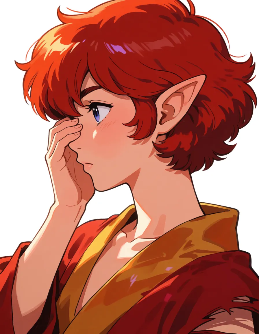 hentai anime art, Red hair bod curly haircut, pointy ears, from_side perspective, legs_apart , missionary , goblin, covering eyes, clenched_teeth , robe torn, clean lineart, smooth cel shading, glossy highlights, saturated warm colour, drawn illustration, strikingly beautiful, radiant complexion, early twenties