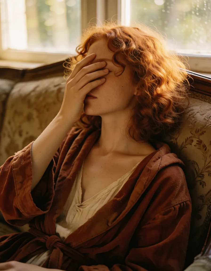 a photograph, Red hair bod curly haircut, pointy ears, from_side perspective, legs_apart , missionary , goblin, covering eyes by palm, clenched_teeth , robe torn, lean on back on old sofa, sex, cheek blush, v on pubic, collar and leash, warm golden afternoon daylight, soft natural shadows, warm amber tones, gentle contrast, fine film grain, smooth clear skin, strikingly beautiful, radiant complexion, early twenties