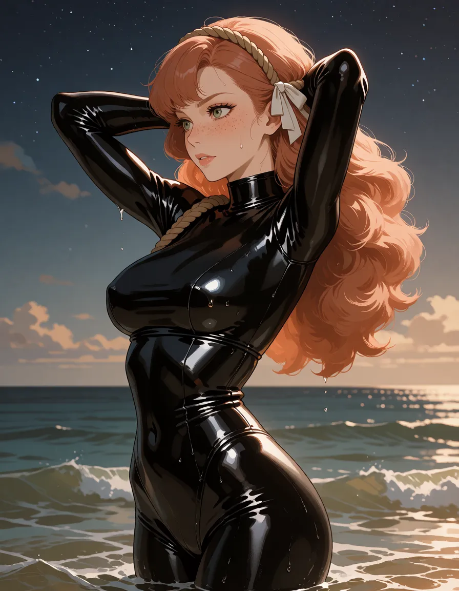 a photograph, Ishmael Limbus Company, 1woman, solo, three-quarter view, left side turned toward camera, face visible, looking away, black latex bodysuit, full latex suit, 100% latex suit, uniform glossy latex all over, shiny latex texture, high-gloss latex, reflective latex surface, skin-tight latex on chest, tight fitting on chest, tight latex on breasts, body-hugging top, skin-tight latex on waist and hips, larger chest, full chest, rounded chest, fully covered body, full-length legs covered, high neck, long sleeves, covered arms, single rope over shoulder only, one rope over shoulder, thick rope, no rope on waist, no rope around waist, no rope around body, muted copper hair, soft dull orange hair, natural ginger hair, desaturated orange hair, voluminous wavy hair, thick fluffy hair, long hair, green eyes, mature face, adult face, sharp features, defined jawline, pale skin, light skin, bright face, illuminated face, prominent dark freckles on nose and cheeks, sharp eyelashes, thin eyebrows, rope headband on top of head, rope band around crown of head, white ribbon on side, arms behind head, elbows out, wet skin, water droplets, standing in sea, ocean water, waves, night sky, stars, moonlight, slender figure, slim waist, athletic figure, semi-realistic anime style, painterly digital art, soft lighting, muted color palette, detailed skin rendering, high detail, warm golden afternoon daylight, soft natural shadows, warm amber tones, gentle contrast, fine film grain, smooth clear skin, strikingly beautiful, radiant complexion, early twenties