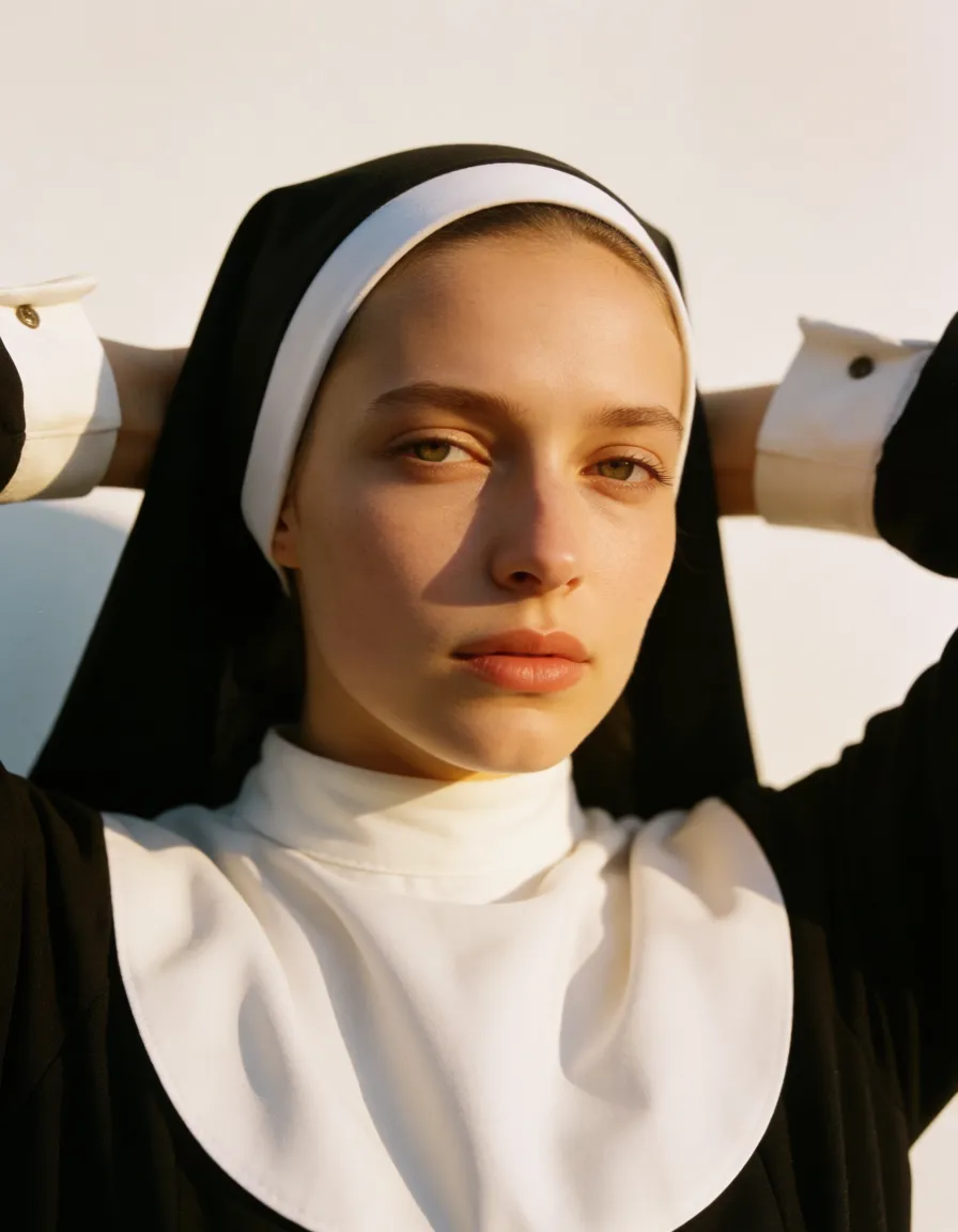 a photograph, Nun, bald, full nun headdress with wimple, coif, bandeau and guimpe, covered ears, covered neck, dark_areolae, dark_nipples, large_areolae, nose-ring, bridge piercing, labret piercing, huge nipple rings, navel_piercing, clitoris_piercing, dancing, arms_behind_head, arched_back, smile happy tongue_out closed_eyes, reverse_playboy_bunny_costume, blank_white_background, warm golden afternoon daylight, soft natural shadows, warm amber tones, gentle contrast, fine film grain, smooth clear skin, strikingly beautiful, radiant complexion, early twenties