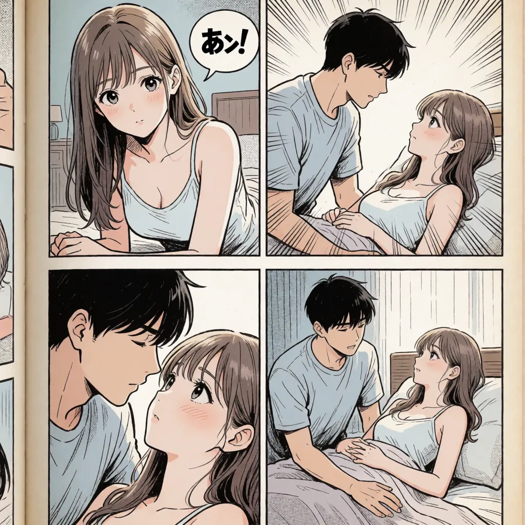 comic book art, A 4-panel comic depicting a sensual, erotic scene from various angles and distances, showing a man bringing a woman to climax repeatedly through vigorous, prolonged sexual intercourse involving intense hip movement and various positions; set in a bedroom; featuring fine, delicate linework, anime-style flat coloring, and motion/speed effects; includes a speech bubble with the Japanese moaning sound "An!", bold black ink outlines, halftone dot shading, cross hatched shadows, flat four colour print palette, hard high contrast comic inking, printed comic page, strikingly beautiful, radiant complexion, early twenties