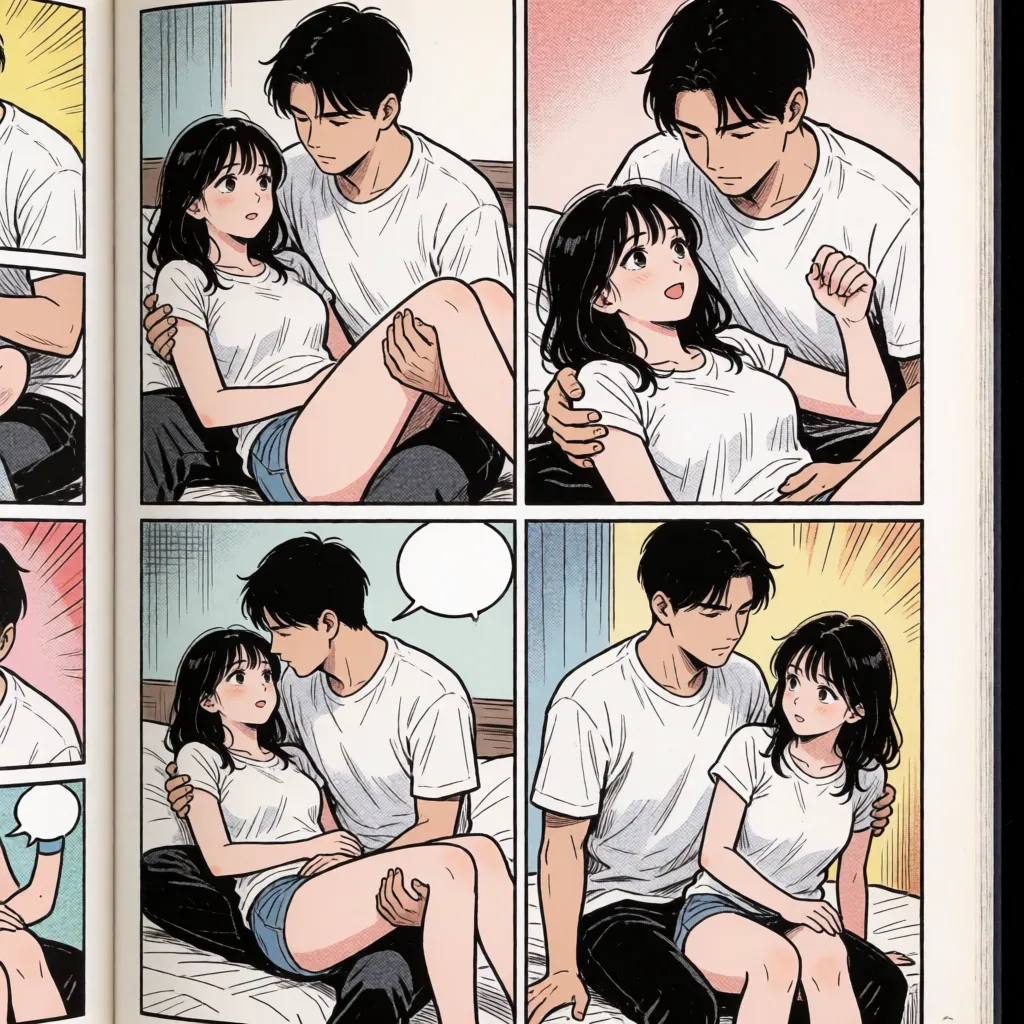 comic book art, A 4-panel comic depicting a man bringing a woman to multiple orgasms through vigorous, hip-thrusting intercourse—in positions such as missionary, cowgirl, and a lifted pose—captured from various angles and distances; set in a bedroom; featuring fine, delicate linework, anime-style flat coloring, and motion/speed effects; includes a speech bubble with the Japanese sound "An!" representing her sexy, breathless moan., bold black ink outlines, halftone dot shading, cross hatched shadows, flat four colour print palette, hard high contrast comic inking, printed comic page, strikingly beautiful, radiant complexion, early twenties