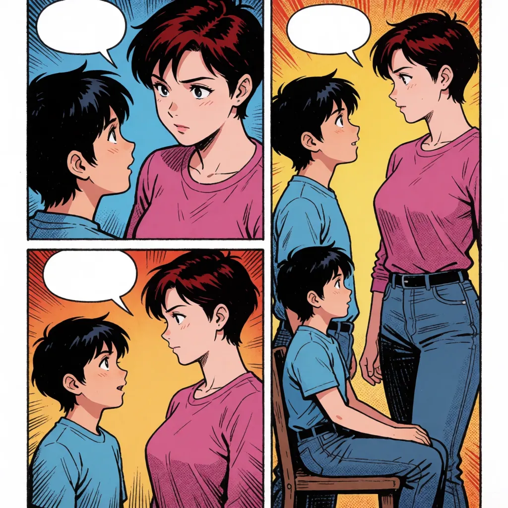 comic book art, A 4-panel comic depicting—from various angles and distances—a sensual, erotic scene where a male partner (a short, dark-haired "boy" type with a lewd gaze and a smirk) brings a female partner (a tall, well-proportioned, busty mature woman with very short dark-red hair) to repeated orgasms through vigorous, hip-thrusting intercourse in positions such as missionary, cowgirl, doggy-style, and face-to-face sitting. Features include sweaty skin, fine line work, anime-style flat coloring, and motion/speed effects; speech bubbles capture her sexy, repeated moans of "An!"; masterpiece, best quality, ultra-detailed., bold black ink outlines, halftone dot shading, cross hatched shadows, flat four colour print palette, hard high contrast comic inking, printed comic page, strikingly beautiful, radiant complexion, early twenties