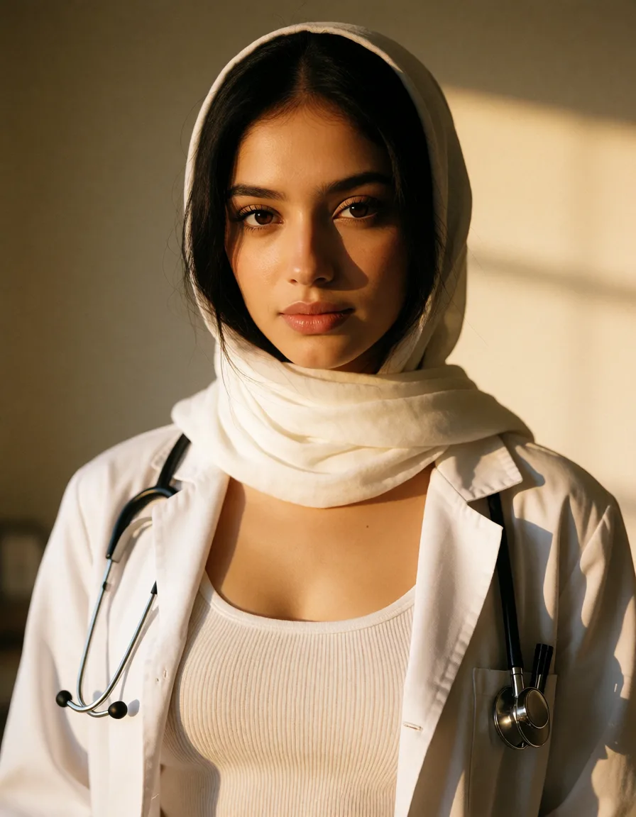a photograph, a Young woman dentist doctor irani beautiful muslim with scarf, hot sexy attractive, white skin, black middle parted hair, open coat doctors with tank top, medium chest, leak nipple, warm golden afternoon daylight, soft natural shadows, warm amber tones, gentle contrast, fine film grain, smooth clear skin, strikingly beautiful, radiant complexion, early twenties