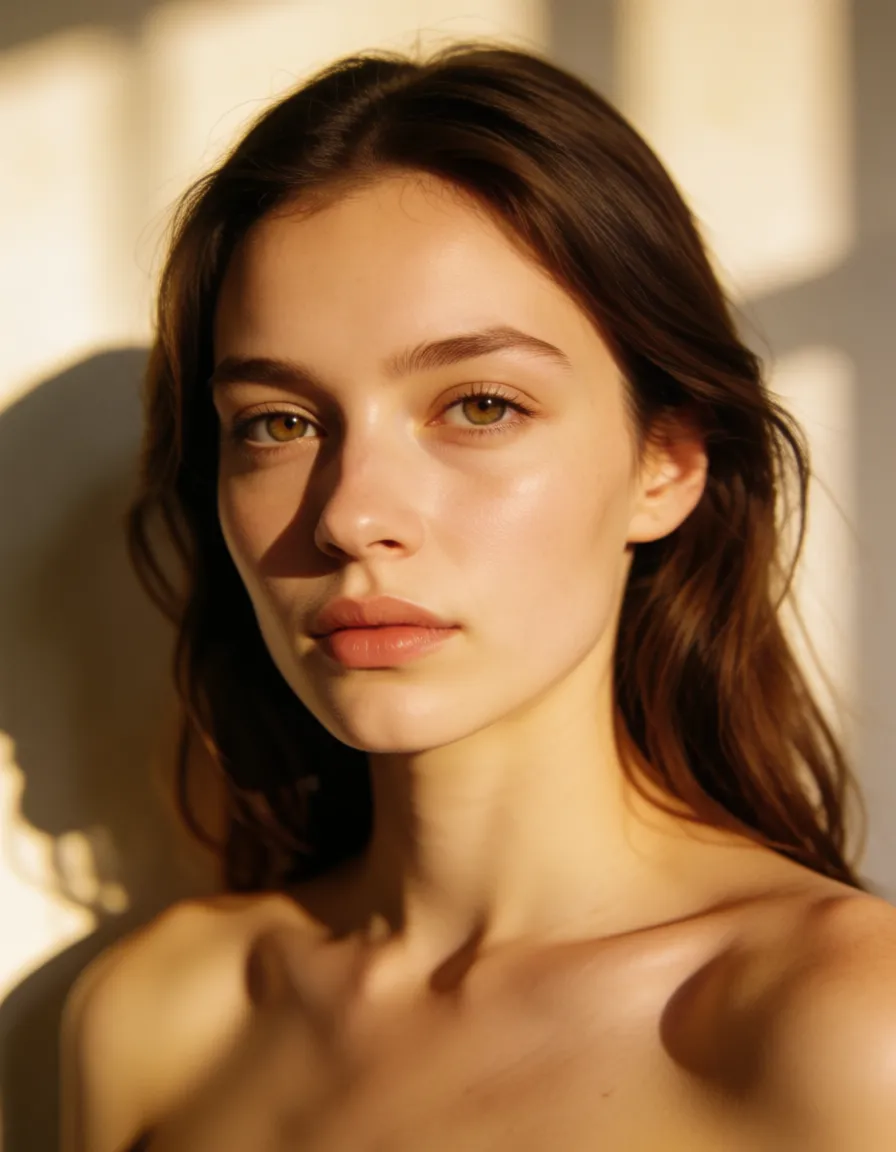 a photograph, Раздеть девушку, warm golden afternoon daylight, soft natural shadows, warm amber tones, gentle contrast, fine film grain, smooth clear skin, strikingly beautiful, radiant complexion, early twenties