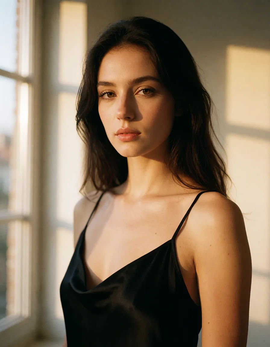 a photograph, a woman with long dark hair in a black silk slip, soft window light, shot on film, warm golden afternoon daylight, soft natural shadows, warm amber tones, gentle contrast, fine film grain, smooth clear skin, strikingly beautiful, radiant complexion, early twenties
