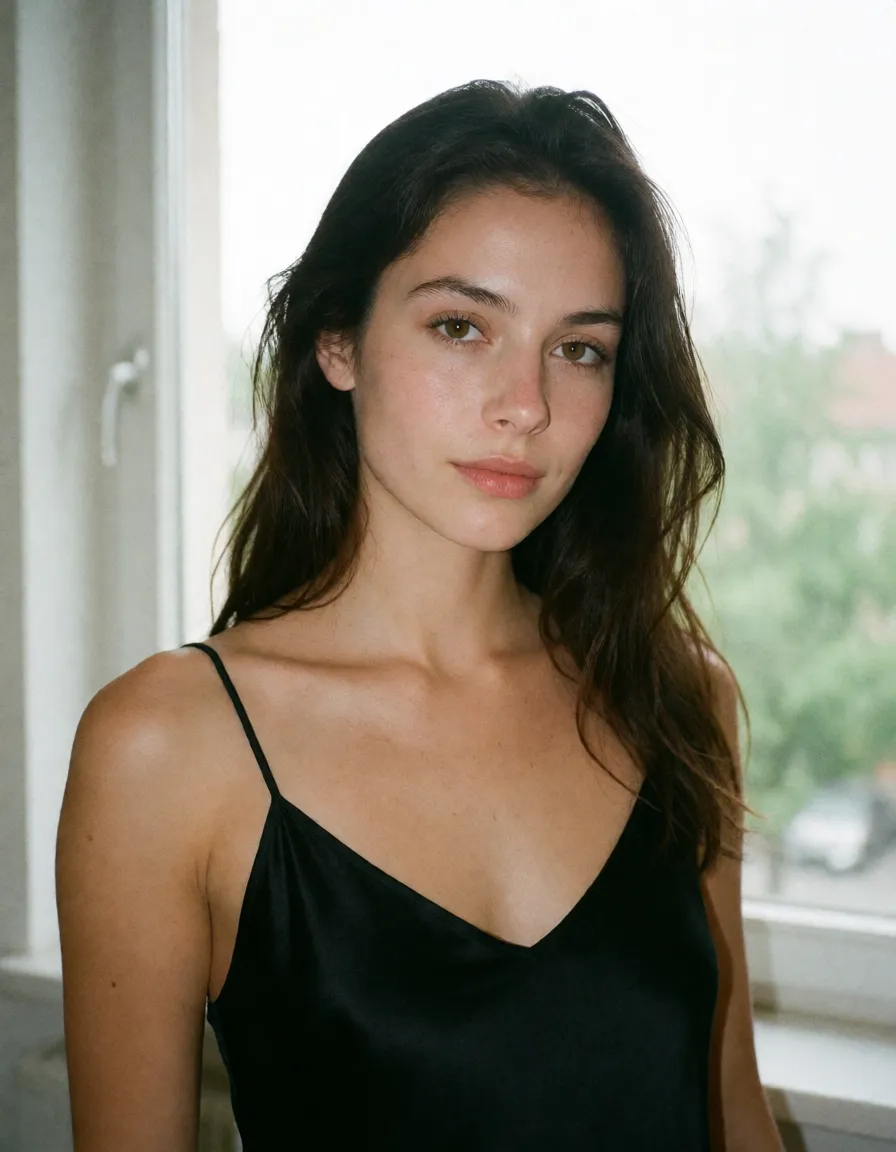 an amateur snapshot, a woman with long dark hair in a black silk slip, soft window light, shot on film, plenty of natural daylight, flat even light, casual unposed snapshot, natural everyday colour, mild noise, natural unretouched skin, strikingly beautiful, radiant complexion, early twenties