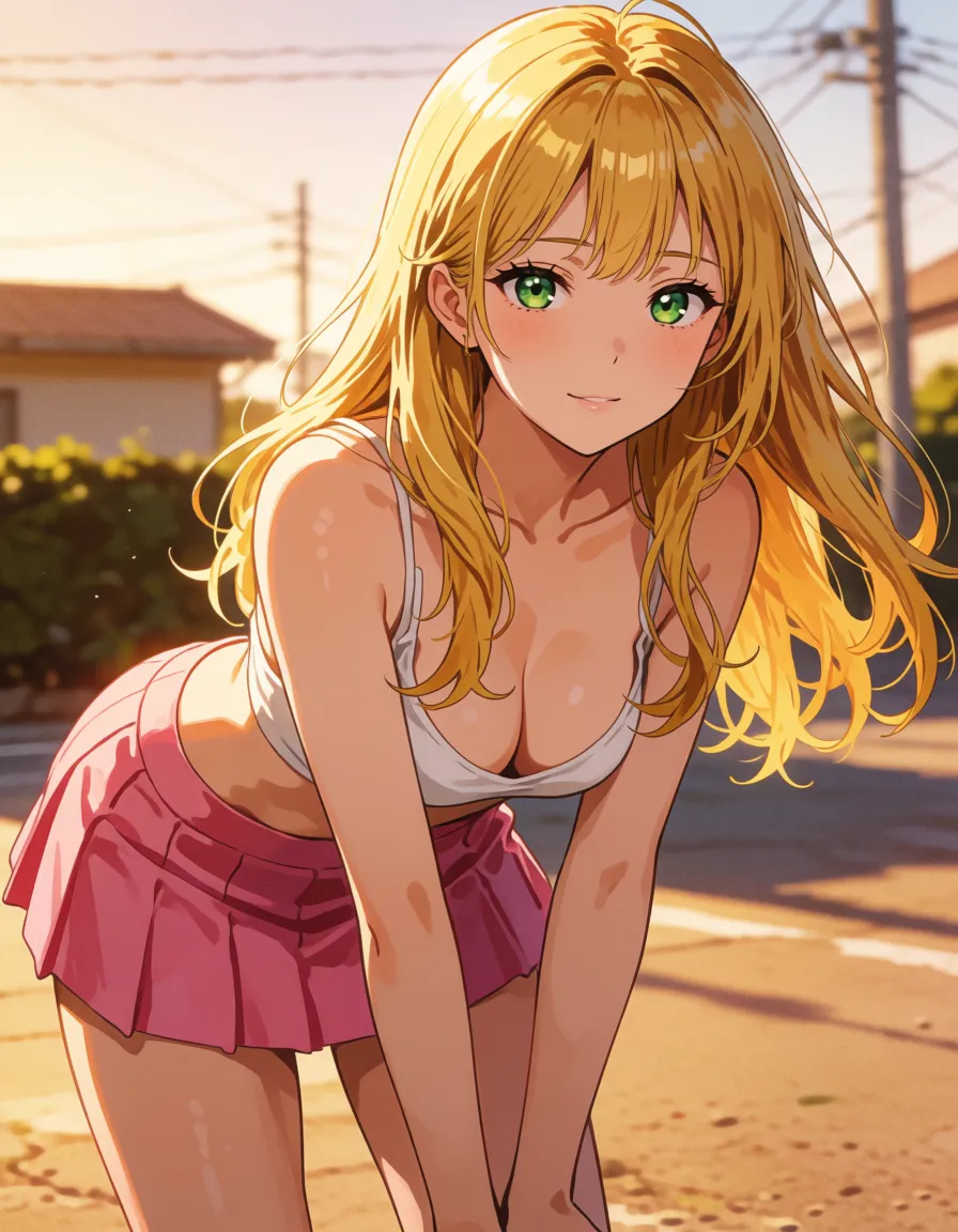 a photograph, best quality, explicit detail, gyaru, golden hair, green eyes, short, skinni, plump ass, pink short skirt,  visual novel art, stile manhwa, ass_focus, cute, whore, small_breasts, nude, warm golden afternoon daylight, soft natural shadows, warm amber tones, gentle contrast, fine film grain, smooth clear skin, strikingly beautiful, radiant complexion, early twenties