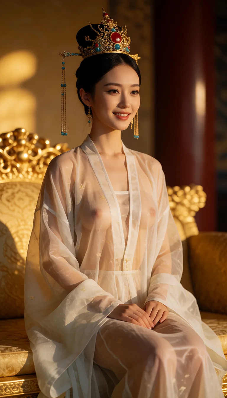 a photograph, 离人物三米远的距离拍摄：高冷的女皇帝只披透视睡衣，可以清晰看到胸部，皇帝气质、衣着、珠宝非常有皇家威严，也符合历史中皇帝使用过的物品，带着合理的笑坐在金銮殿的龙椅上，身体坐姿、动作也要符合历史。, warm golden afternoon daylight, soft natural shadows, warm amber tones, gentle contrast, fine film grain, smooth clear skin, strikingly beautiful, radiant complexion, early twenties