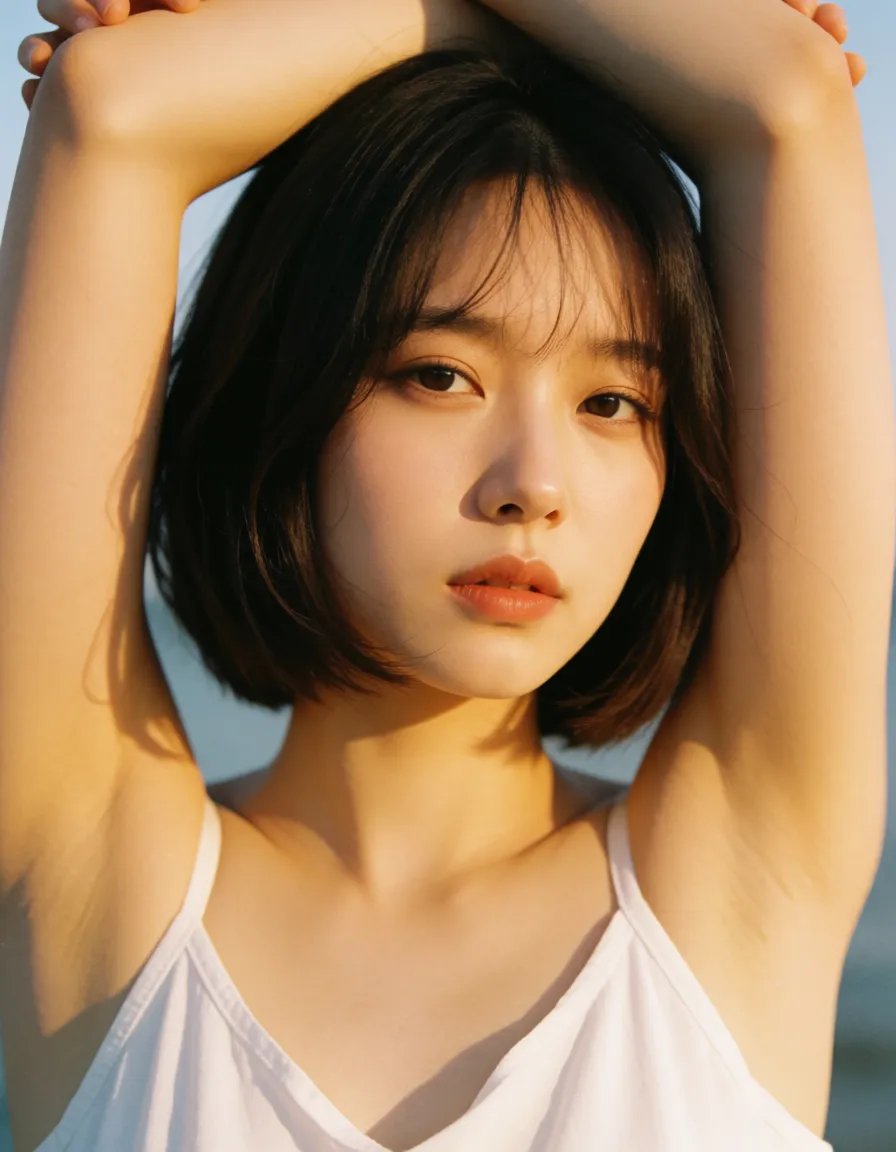 a photograph, Beautiful korean woman, bob hair, naked, huge tits, lay down, both arms up, spread_legs, breast_sucking, warm golden afternoon daylight, soft natural shadows, warm amber tones, gentle contrast, fine film grain, smooth clear skin, strikingly beautiful, radiant complexion, early twenties