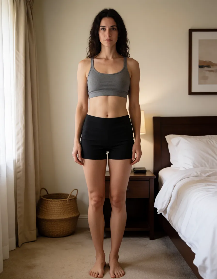 a completely naked woman standing in a bedroom, full frontal nudity, bare breasts, nipples and vulva visible, no clothes at all, photograph