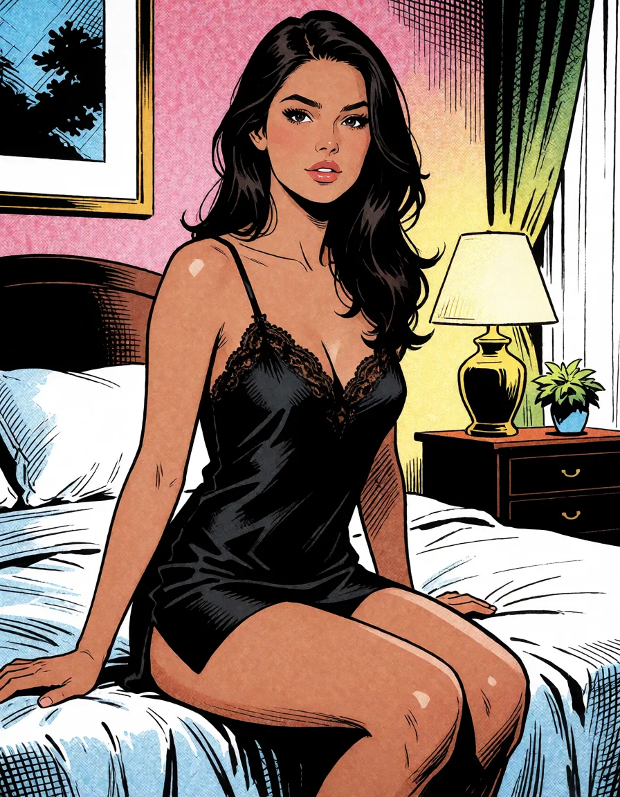 comic book art, a woman with long dark hair in a black silk slip, sitting on the edge of a bed, looking at the viewer, bold black ink outlines, halftone dot shading, cross hatched shadows, flat four colour print palette, hard high contrast comic inking, printed comic page, strikingly beautiful, radiant complexion, early twenties