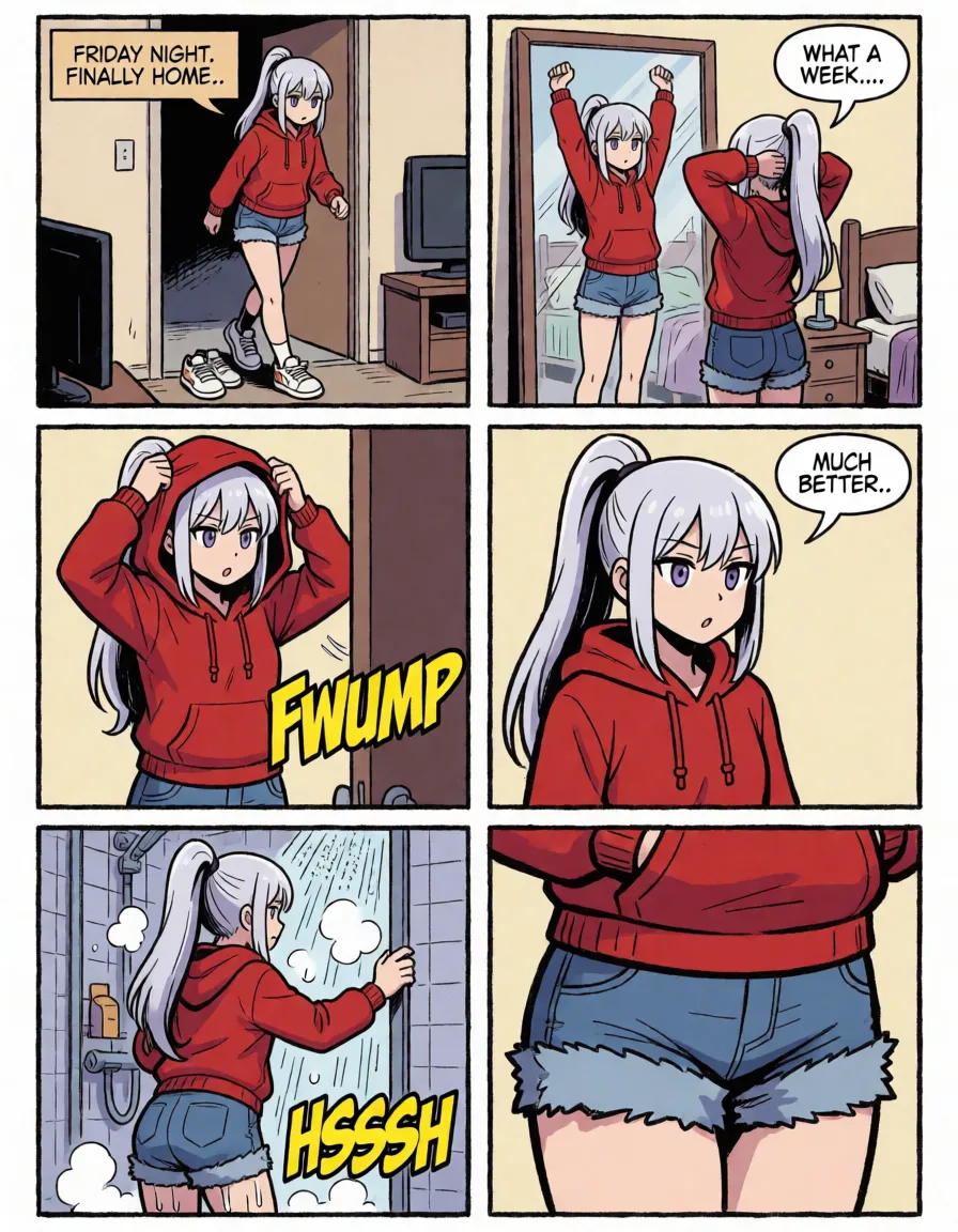 Explicit adult content, a completely naked woman, nude, bare breasts, no clothing at all, drawn in a comic book page divided into six panels, laid out as three rows of two equal rectangular panels with thick black borders and white gutters. THE SAME PERSON APPEARS IN EVERY PANEL: a petite woman with long silver hair in a high ponytail, violet eyes, a red hoodie and denim shorts. TOP-LEFT PANEL: Yui kicks off her sneakers in the doorway of her small apartment. A tan rectangular caption box reads "FRIDAY NIGHT. FINALLY HOME.." TOP-RIGHT PANEL: Yui stretches in front of the bedroom mirror. A white speech bubble with its tail pointing at Yui reads "WHAT A WEEK...." MIDDLE-LEFT PANEL: Yui pulls the red hoodie over her head, her bare breasts showing. A yellow jagged sound effect reads "FWUMP". MIDDLE-RIGHT PANEL: Yui slides the denim shorts down her legs. A white speech bubble with its tail pointing at Yui reads "MUCH BETTER.." BOTTOM-LEFT PANEL: Yui steps into a steaming shower, completely naked. A yellow jagged sound effect reads "HSSSH". BOTTOM-RIGHT PANEL: close-up of water running down Yui's naked back and hips. Clean inked American comic art, bold flat colours, heavy line weight. Crisp legible lettering.