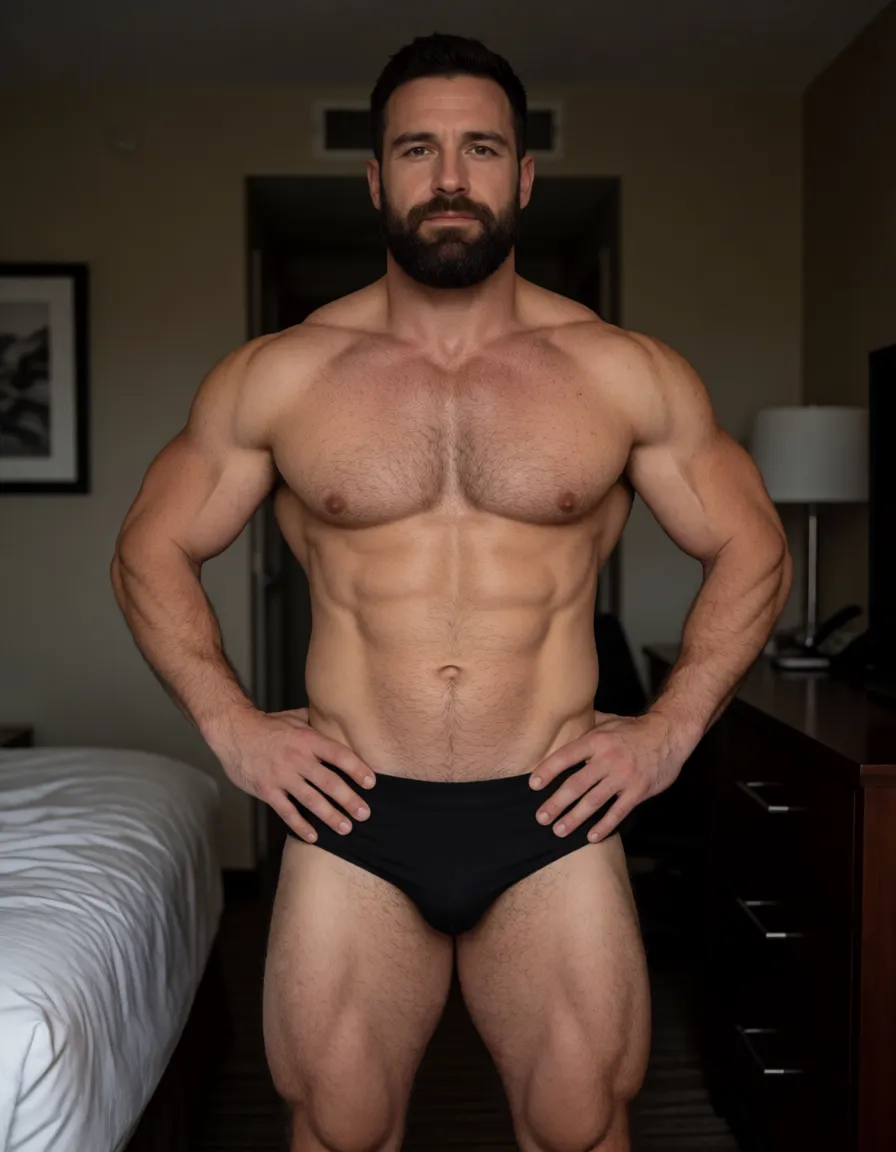 Photorealistic photograph. A 35-year-old muscular man with a short dark beard stands fully naked in a dim hotel room, full frontal nudity, his erect penis and testicles clearly visible, hands on his hips, full body shot from head to knees.