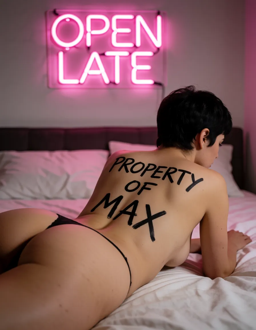 Photorealistic photograph. A naked 28-year-old woman with a pixie cut lies on her stomach on a bed, her bare buttocks toward the camera; black marker handwriting across her lower back reads "PROPERTY OF MAX". A pink neon sign on the wall behind her reads "OPEN LATE".