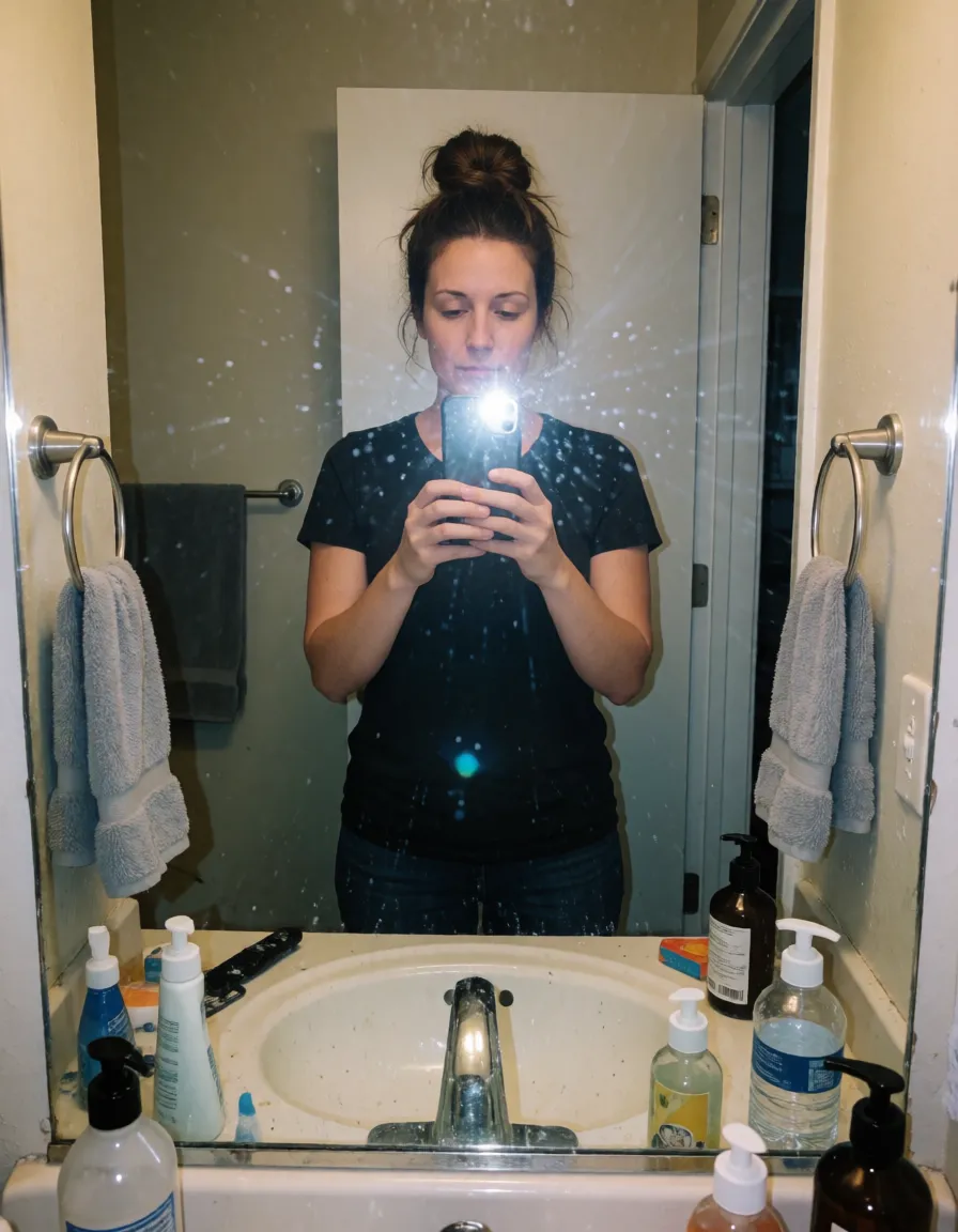 Amateur smartphone mirror selfie, realistic, slightly grainy, harsh phone flash. A 34-year-old woman with a messy bun stands naked in front of a bathroom mirror holding her phone, full frontal nudity, natural breasts and trimmed pubic hair visible, cluttered sink, cheap bathroom lighting.