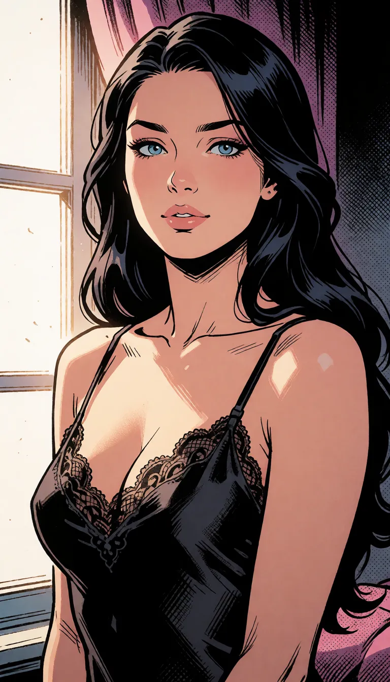 comic book art, Princess Celestia Equestria women, a woman with long dark hair in a black silk slip, soft window light, shot on film, bold black ink outlines, halftone dot shading, cross hatched shadows, flat four colour print palette, hard high contrast comic inking, printed comic page, strikingly beautiful, radiant complexion, early twenties