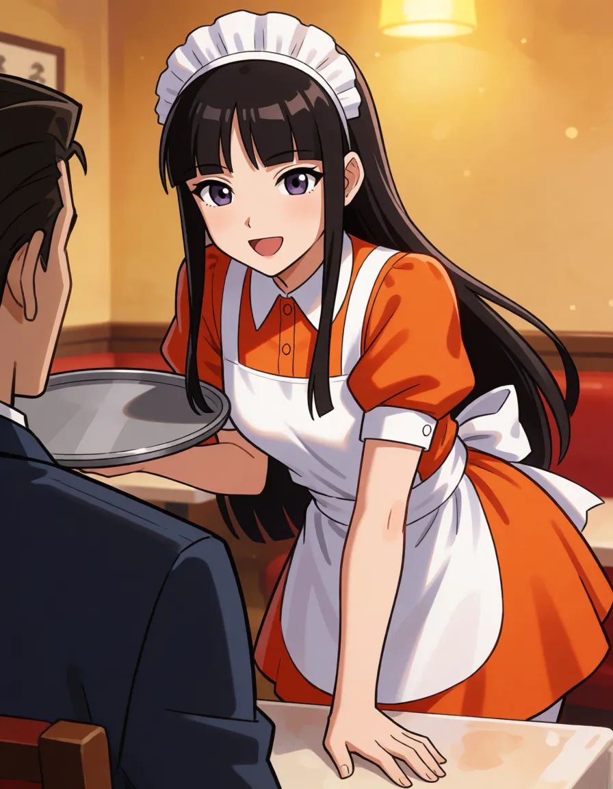 hentai anime art, Maya Fey maid, adult, leaning over a male customer's table in a restaurant, orange maid dress and white apron, maid cap, joyful flushed smile, tray in one hand, other hand on the table, cleavage and short skirt from the customer's POV, he is sitting, she is serving him too closely, nsfw tease, Ace Attorney style, clean lineart, smooth cel shading, glossy highlights, saturated warm colour, drawn illustration, strikingly beautiful, radiant complexion, early twenties