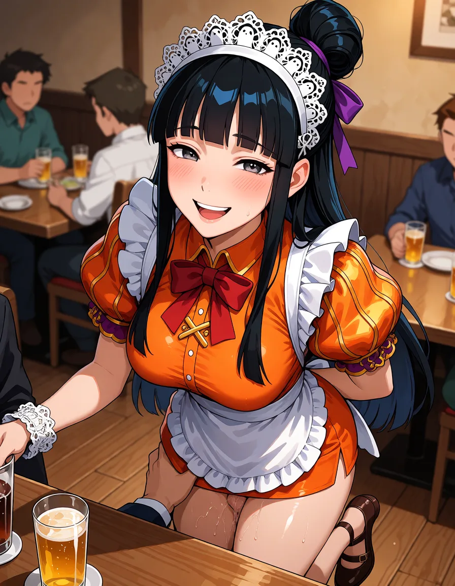 hentai anime art, Maya Fey adult maid waitress, long black hair blue tint, high bun purple ribbon, two face strands, white lace maid cap with ruffles and tiny ghost figures, gray-brown eyes, wide flushed joyful smile,
bright orange lantern-sleeve dress, red chest bow, white ruffled apron, short skirt, no panties, brown strap heels,
leaning over a table of young men in a restaurant, serving drinks while one man's hand is under her apron, her thighs wet, professional smile, wooden restaurant interior, other tables blurred, explicit nsfw service, Ace Attorney anime style, clean lineart, smooth cel shading, glossy highlights, saturated warm colour, drawn illustration, strikingly beautiful, radiant complexion, early twenties