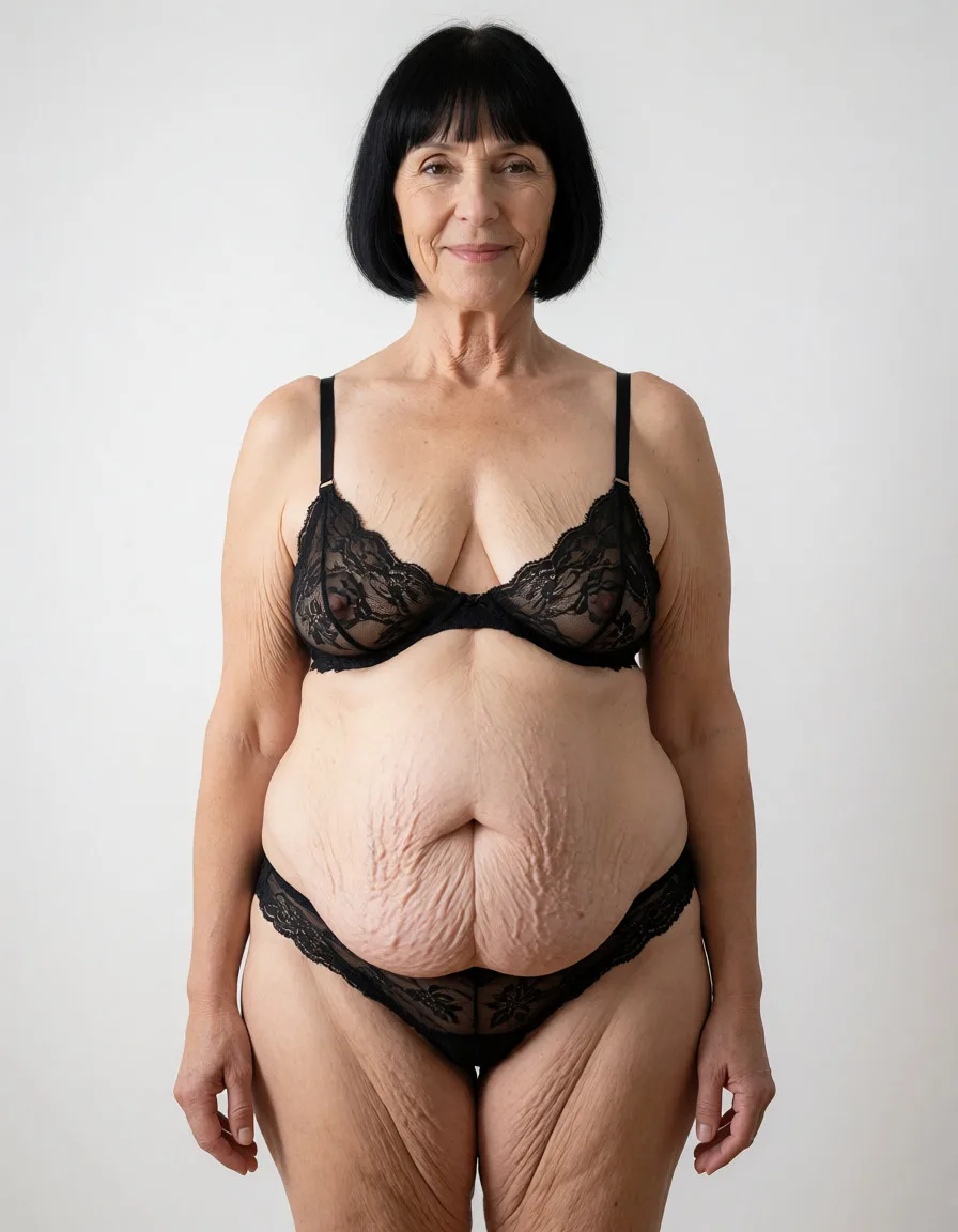 a studio photograph, A 65 year old Caucasian woman standing centered in a sunlit modern kitchen, her body facing directly toward the camera in a neutral upright posture with arms relaxed at her sides and hands loosely hanging, thin short straight black bob haircut with straight bangs, narrow wrinkled face with brown eyes smiling at the camera, pale flabby skin marked by visible wrinkles, age spots, loose sagging skin folds, and prominent stretch marks, deflated extremely sagging small teardrop shaped breasts with stretch marks and deep cleavage and thin translucent black lace bra straps over bare shoulders, large soft rounded muffin top belly with heavy hanging skin, deep navel, and realistic skin texture, very flat buttocks with deep creases and cellulite under matching black lace panties, thick thighs and knees with visible skin texture and cellulite, wearing only the black lace bra and panties., even shadowless studio light, plain white background, clean rich colour, flawless polished skin, strikingly beautiful, radiant complexion, early twenties