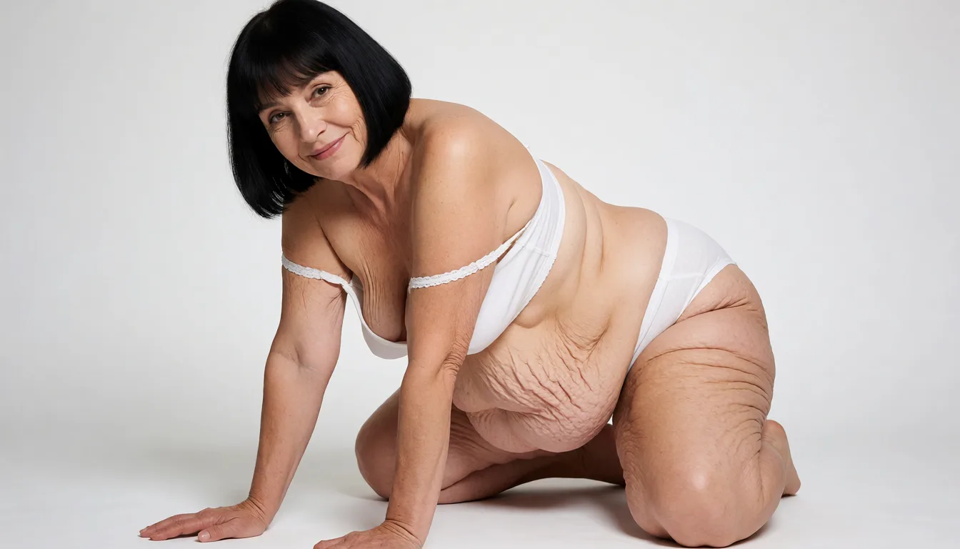 a studio photograph, A 65 year old Caucasian woman kneeling with her fat legs spread open and leaning forward with her hands on the ground 3/4 sideways outdoors in the sunlight, thin short straight black bob haircut with straight bangs, narrow wrinkled face with brown eyes smiling at the camera, very pale flabby skin marked by visible wrinkles, age spots, loose sagging skin folds, and prominent stretch marks, loose fitting white cotton bra highlighting the cleavage of her deflated extremely sagging small teardrop shaped breasts with stretch marks and deep cleavage and thin white lace bra straps pulled down from her shoulders, large soft rounded muffin top belly with heavy hanging skin, deep navel, and realistic skin texture, very flat buttocks with deep creases and cellulite under matching white cotton panties, thick flabby cellulite covered thighs and knees with visible skin texture and cellulite, wearing only the white cotton bra and panties., even shadowless studio light, plain white background, clean rich colour, flawless polished skin, strikingly beautiful, radiant complexion, early twenties