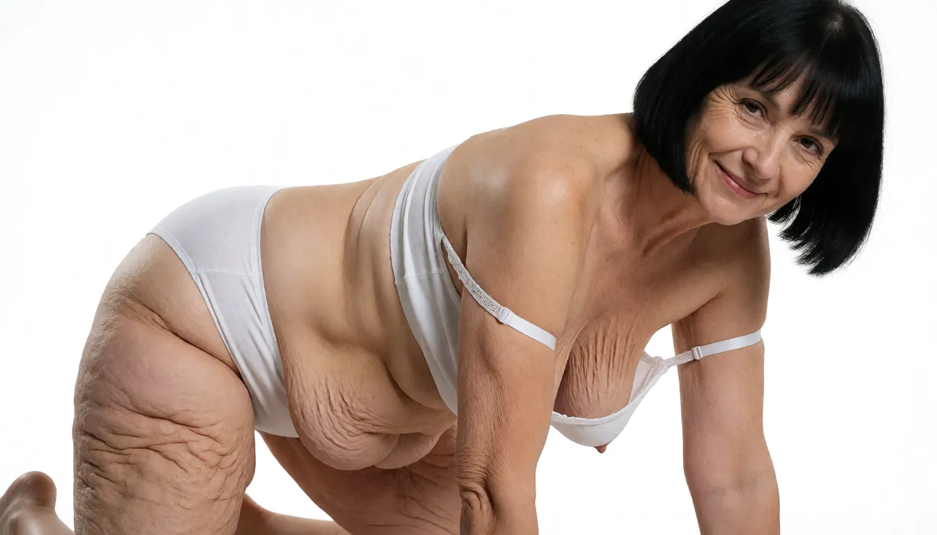 a studio photograph, A 65 year old Caucasian woman kneeling with her fat legs spread open and leaning slightly forward 3/4 sideways outdoors in the sunlight, thin short straight black bob haircut with straight bangs, narrow wrinkled face with brown eyes smiling at the camera, very pale flabby skin marked by visible wrinkles, age spots, loose sagging skin folds, and prominent stretch marks, loose fitting white cotton bra highlighting the cleavage of her deflated extremely sagging small teardrop shaped breasts with stretch marks and deep cleavage and thin white lace bra straps pulled down from her shoulders, slightly chubby soft rounded muffin top belly with heavy hanging skin, deep navel, and realistic skin texture, very flat buttocks with deep creases and cellulite under matching white cotton panties, thick flabby cellulite covered thighs and knees with visible skin texture and cellulite, wearing only the white cotton bra and panties., even shadowless studio light, plain white background, clean rich colour, flawless polished skin, strikingly beautiful, radiant complexion, early twenties