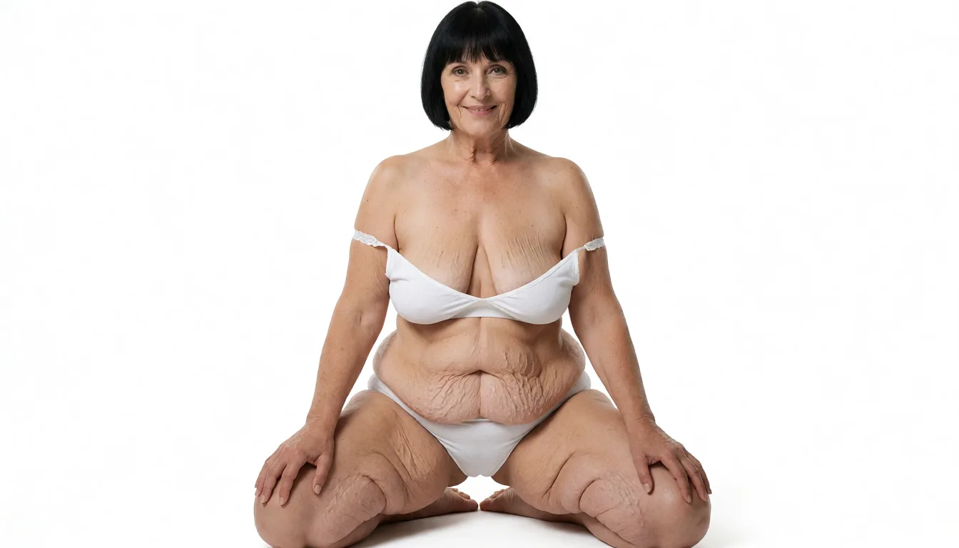 a studio photograph, A 65 year old Caucasian woman kneeling with her fat legs spread open 3/4 sideways outdoors in the sunlight, thin short straight black bob haircut with straight bangs, narrow wrinkled face with brown eyes smiling at the camera, very pale flabby skin marked by visible wrinkles, age spots, loose sagging skin folds, and prominent stretch marks, loose fitting white cotton bra highlighting the cleavage of her deflated extremely sagging medium size natural teardrop shaped breasts with stretch marks and deep cleavage and thin white lace bra straps pulled down off her shoulders, slightly chubby soft rounded muffin top belly with heavy hanging skin, deep navel, and realistic skin texture, very flat buttocks with deep creases and cellulite under matching white cotton panties, thick flabby cellulite covered thighs and knees with visible skin texture and cellulite, wearing only the white cotton bra and panties., even shadowless studio light, plain white background, clean rich colour, flawless polished skin, strikingly beautiful, radiant complexion, early twenties