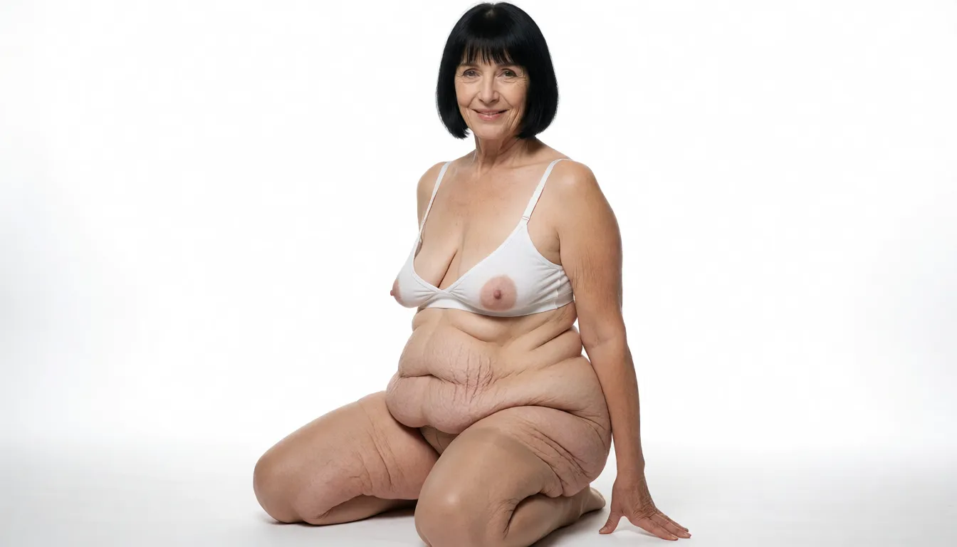 a studio photograph, A 65 year old Caucasian woman kneeling 3/4 sideways with her fat legs spread open outdoors in the sunlight, thin short straight black bob haircut with straight bangs, narrow wrinkled face with brown eyes smiling at the camera, very pale flabby skin marked by visible wrinkles, age spots, loose sagging skin folds, and prominent stretch marks, loose fitting white cotton bra highlighting the cleavage of her flat deflated extremely sagging medium size natural teardrop shaped breasts with stretch marks and deep cleavage, slightly chubby soft rounded muffin top belly with heavy hanging skin, deep navel, and realistic skin texture, very flat buttocks with deep creases and cellulite under sheer waist high pantyhose, thick flabby cellulite covered thighs and knees with visible skin texture and cellulite., even shadowless studio light, plain white background, clean rich colour, flawless polished skin, strikingly beautiful, radiant complexion, early twenties